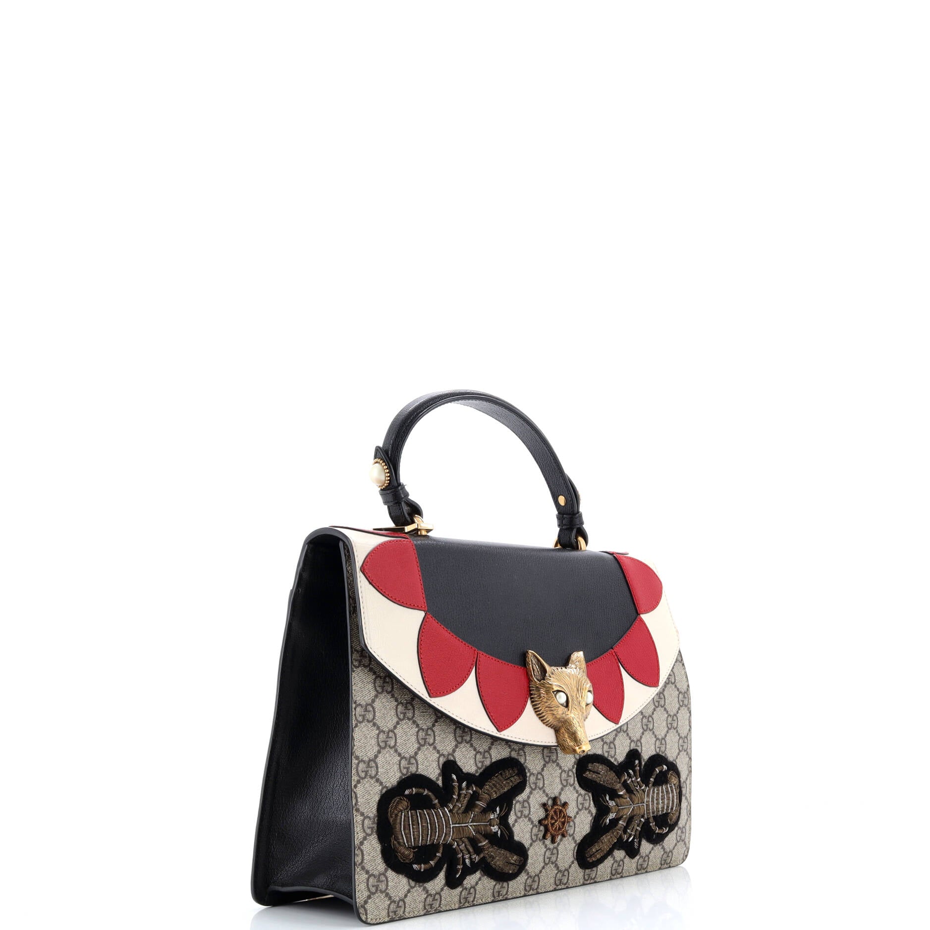 Gucci Broche Top Handle Bag Embroidered GG Coated Canvas and Leather Medium
