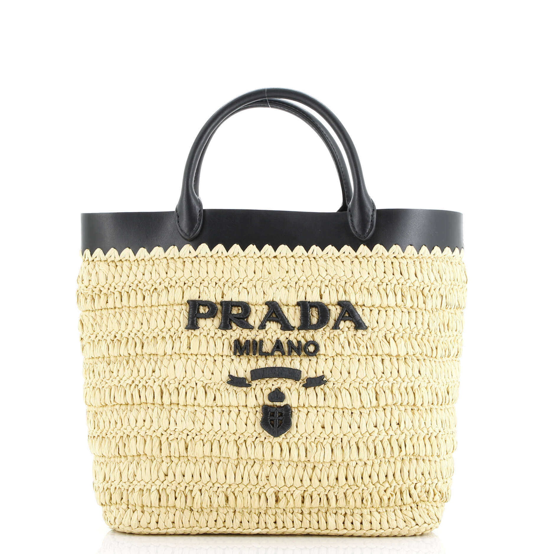 Prada Logo Shopping Tote Raffia and Leather Small