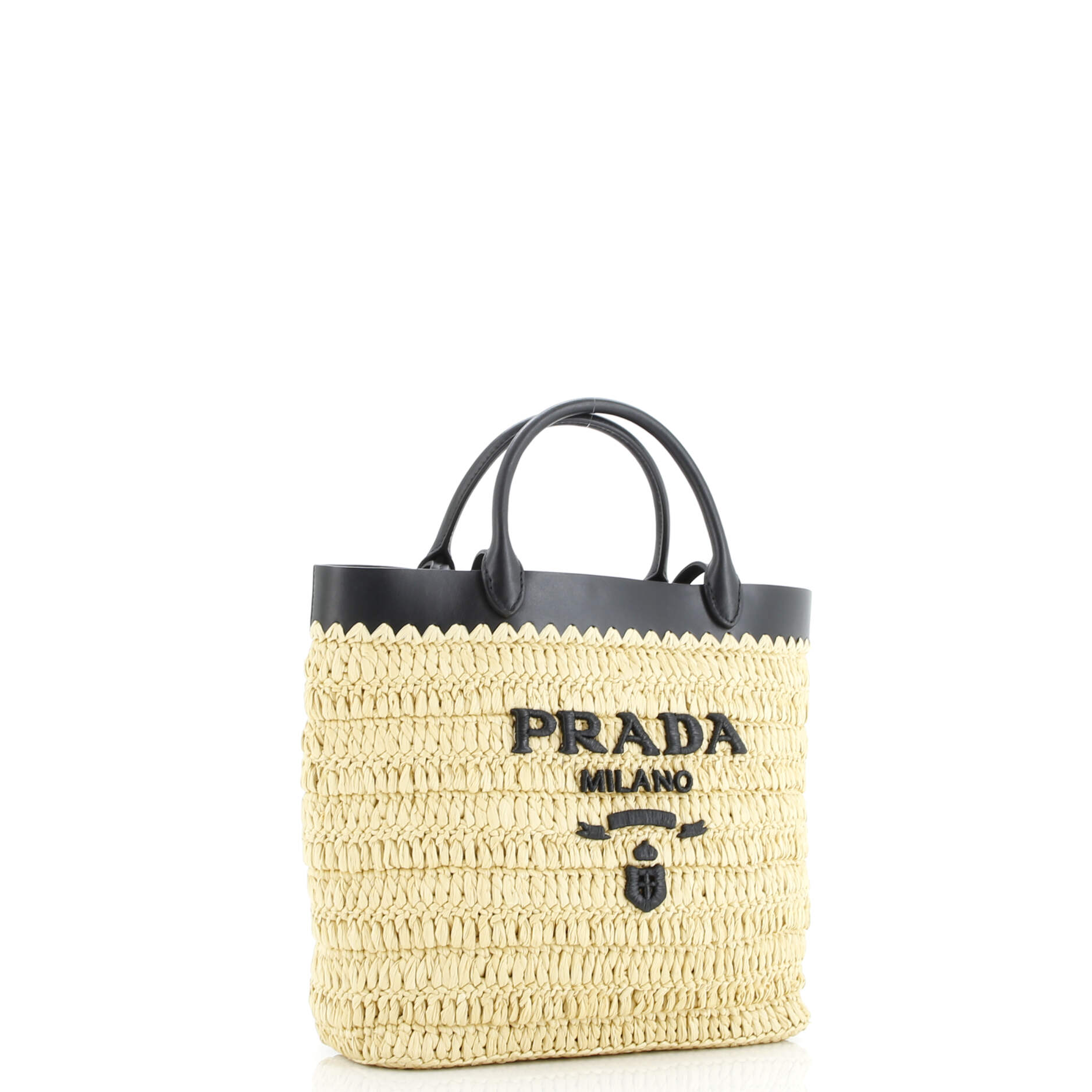 Prada Logo Shopping Tote Raffia and Leather Small