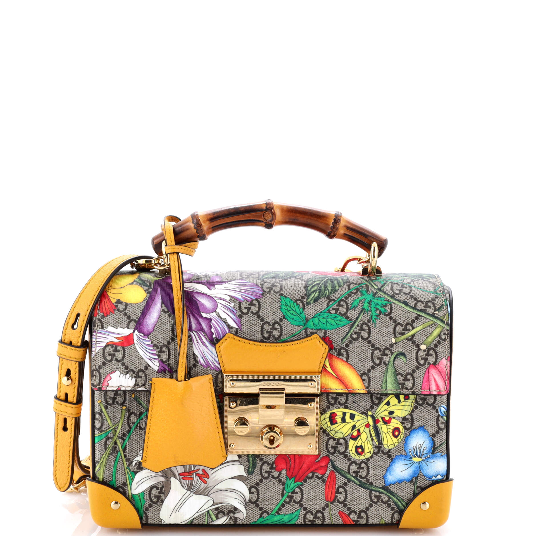 Gucci Padlock Bamboo Shoulder Bag Flora GG Coated Canvas Small