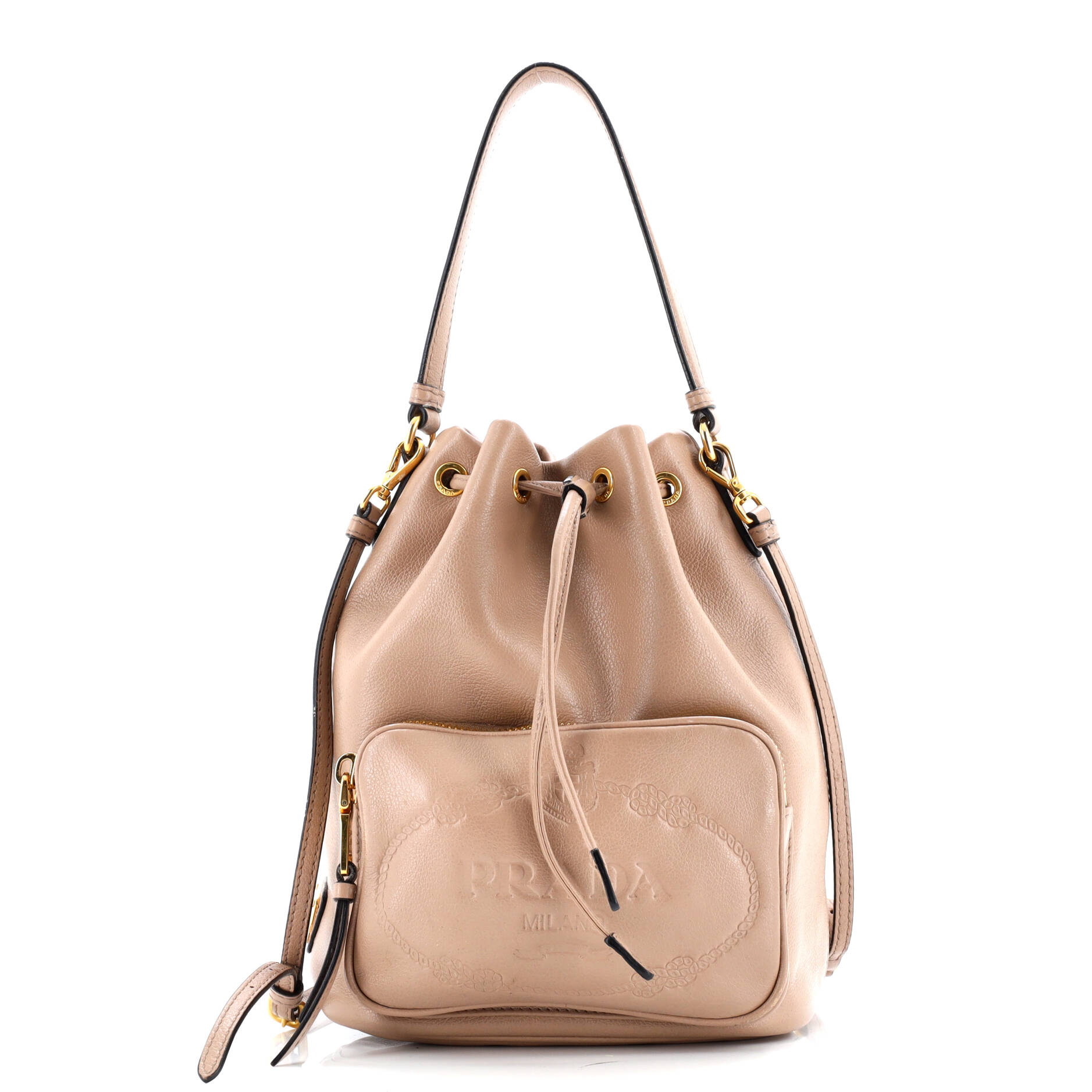 Prada Logo Drawstring Bucket Bag Glace Calf Small