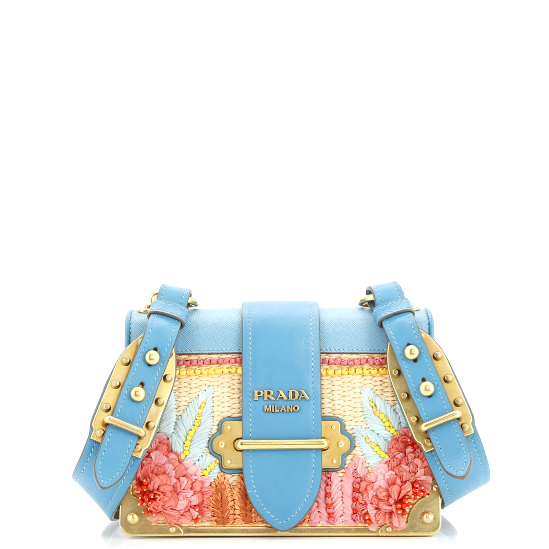 Prada Cahier Crossbody Bag Embroidered Straw with Leather Small