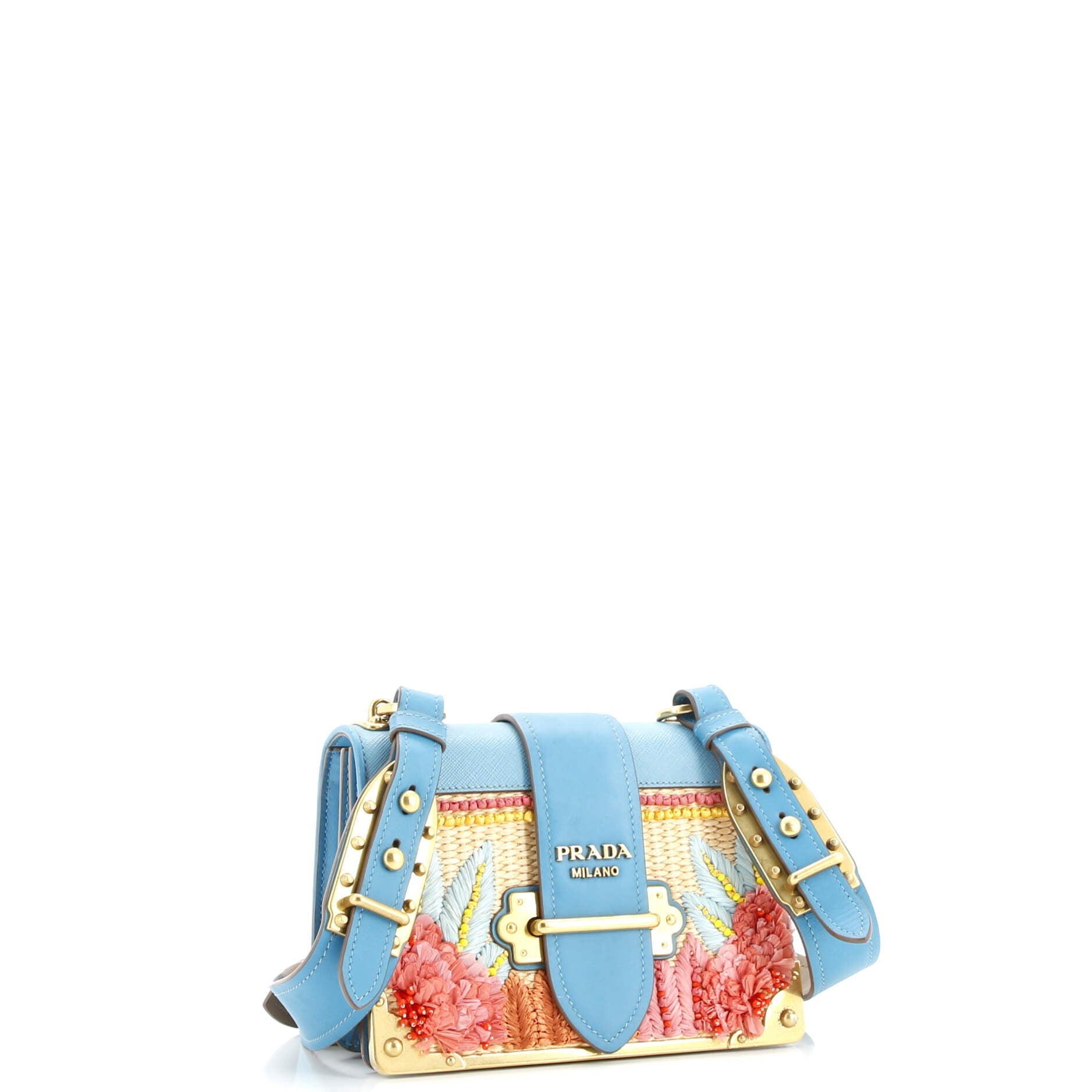 Prada Cahier Crossbody Bag Embroidered Straw with Leather Small