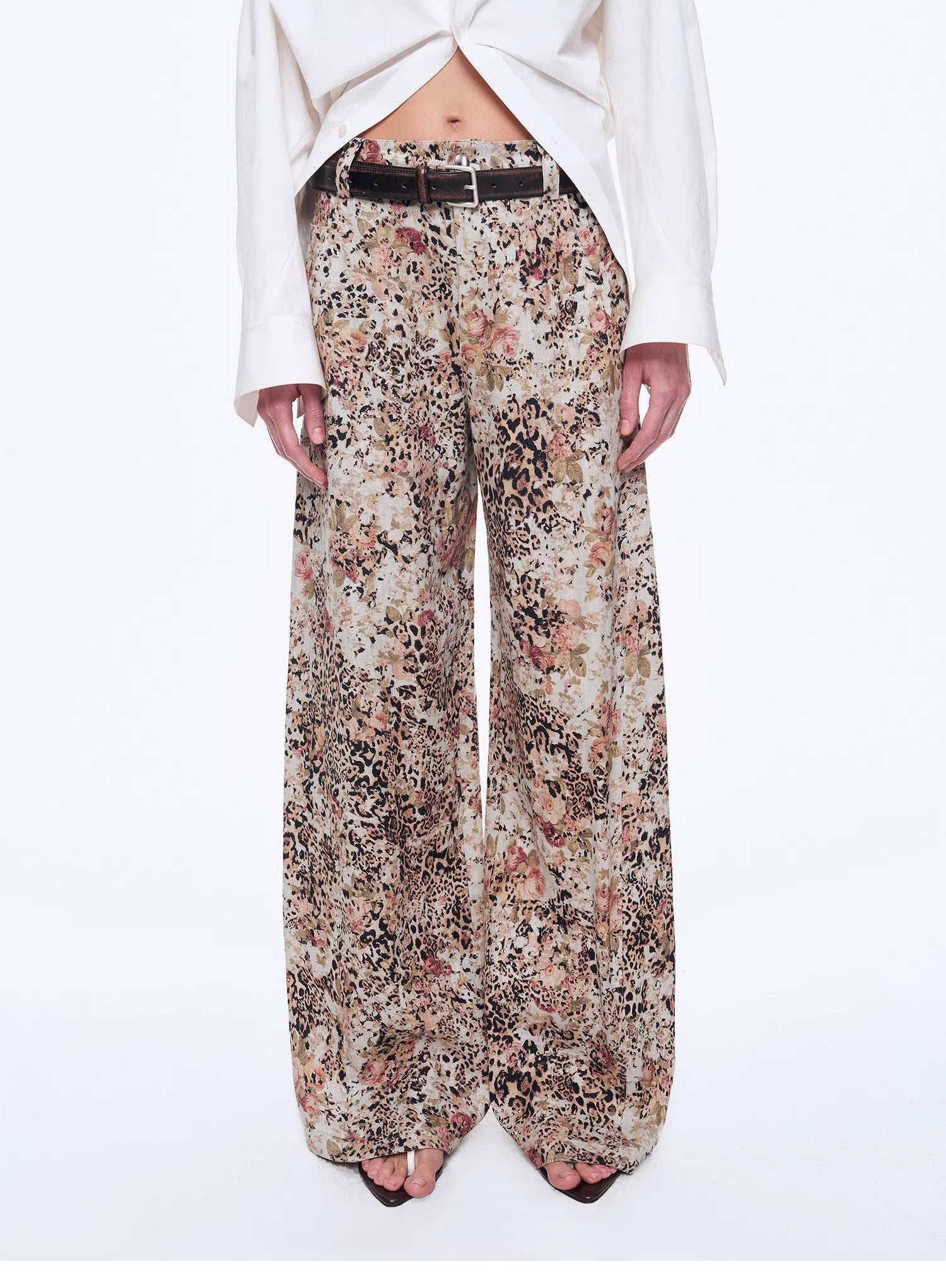 Vintage Print Linen Blend Cut Scimitar Wide Leg Casual Pants"Slow Paris"-1