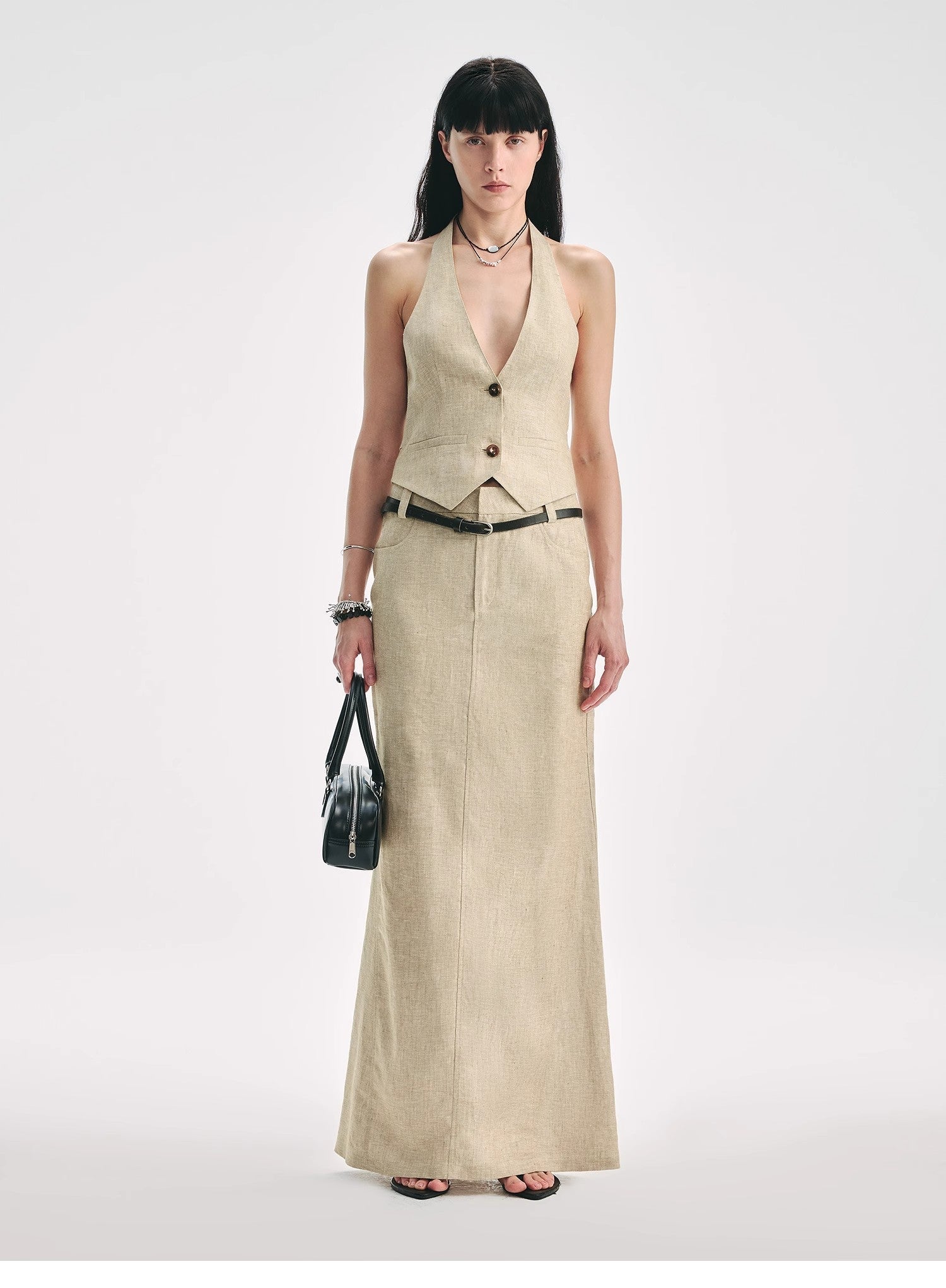 Retro Linen V-neck Halter Vest and Fishtail Hip Skirt Set"Old Money Weekly"-0
