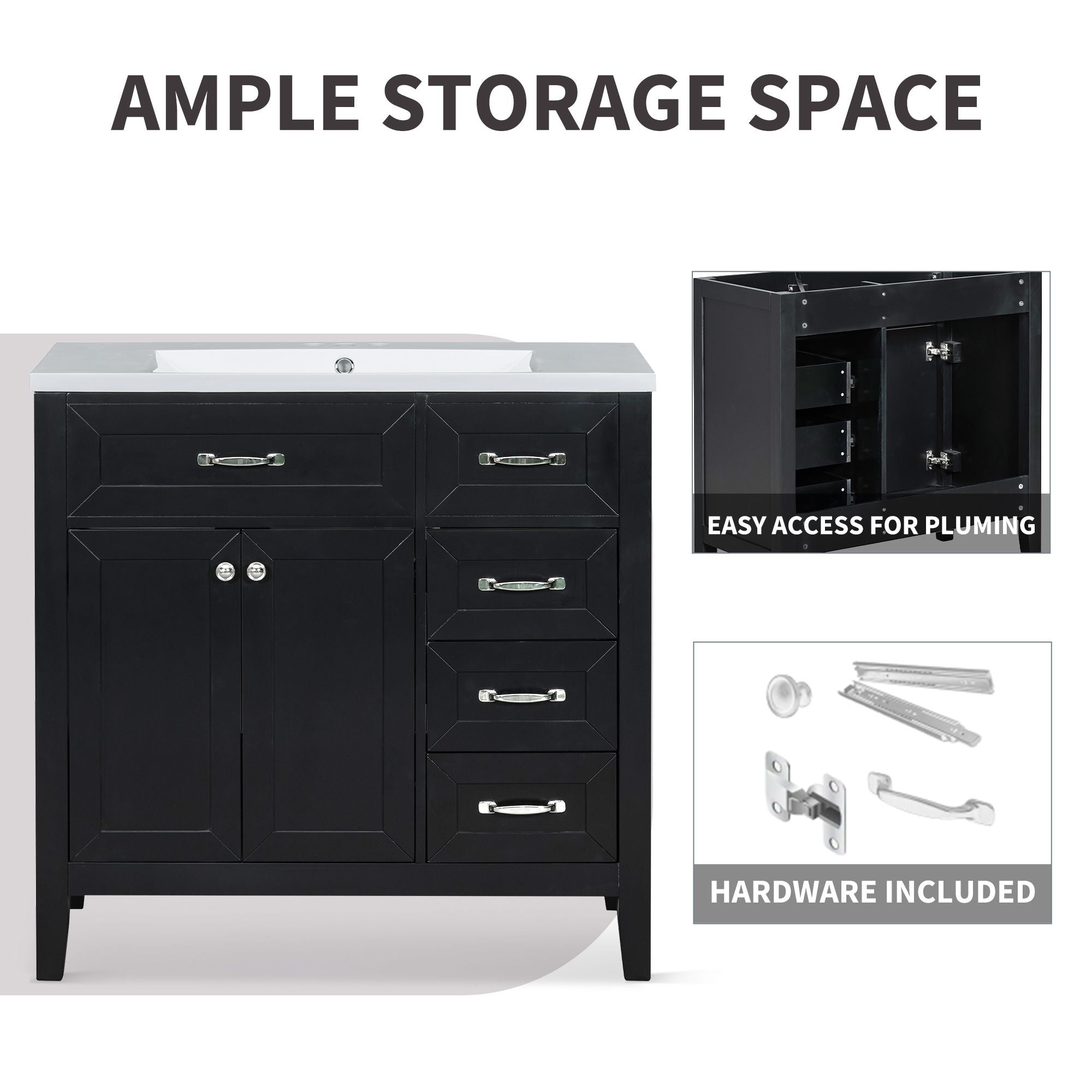 36\" Bathroom Vanity with Sink Combo, Black Bathroom Cabinet with Drawers, Solid Frame and MDF Board