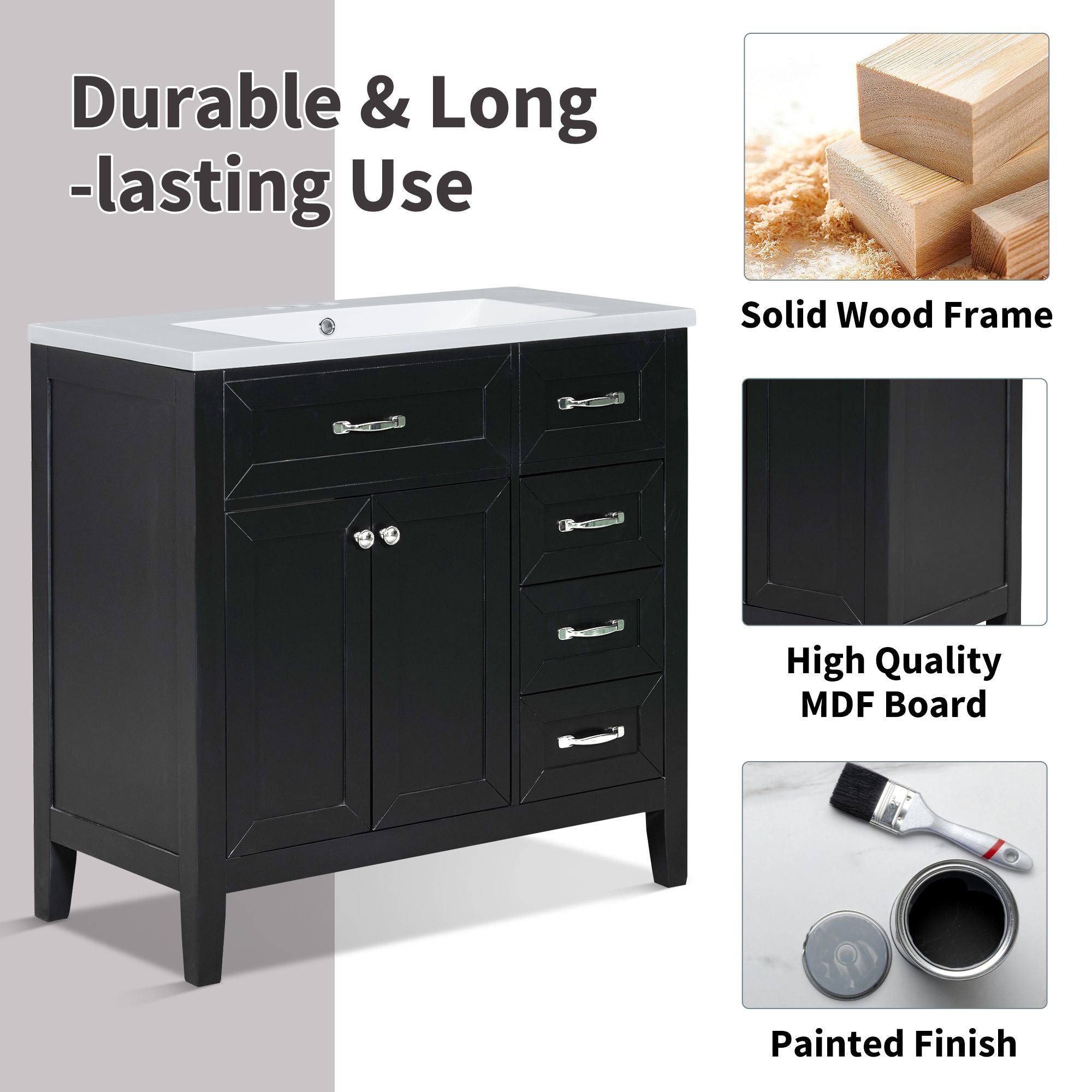 36\" Bathroom Vanity with Sink Combo, Black Bathroom Cabinet with Drawers, Solid Frame and MDF Board