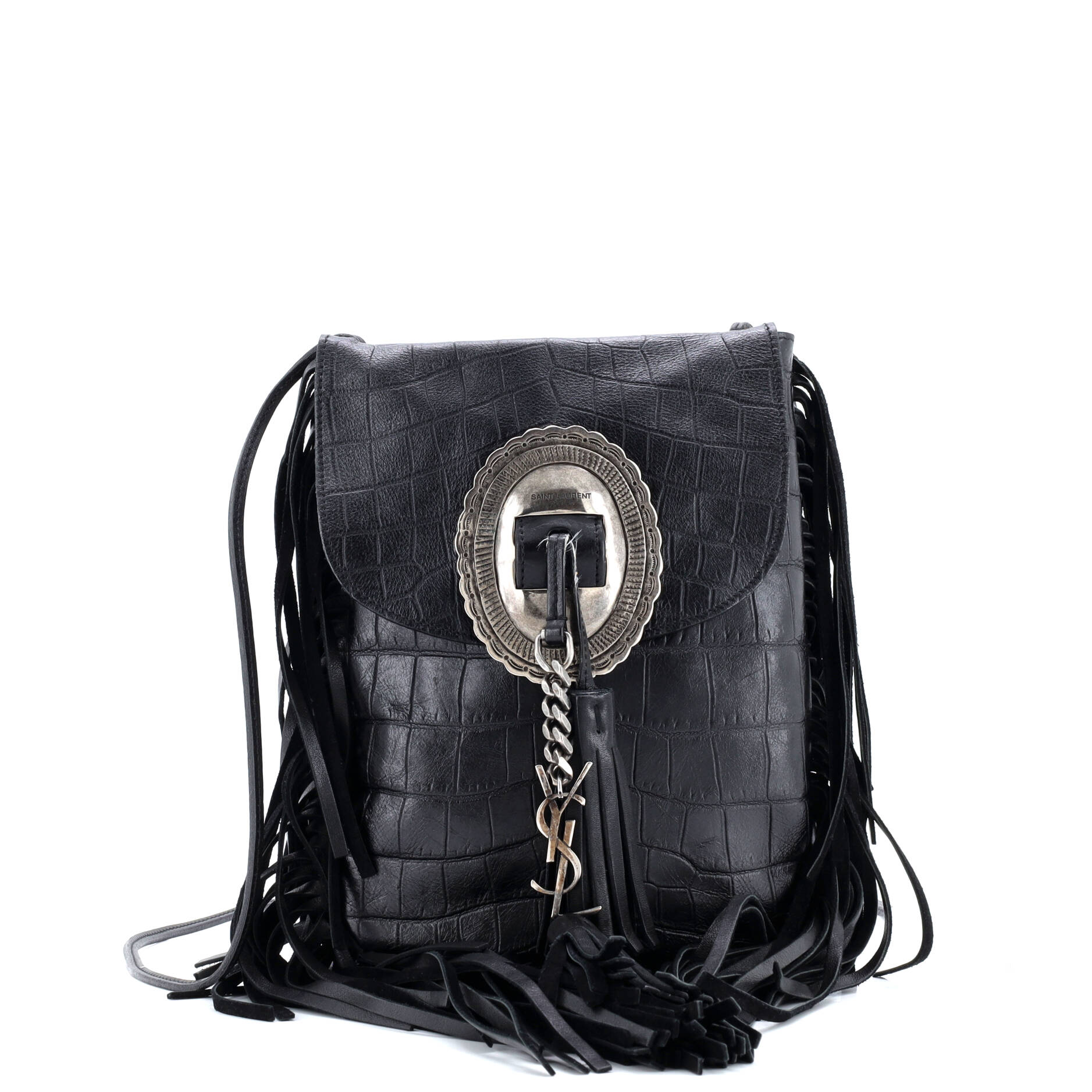 Saint Laurent Anita Flat Fringe Crossbody Bag Crocodile Embossed Leather