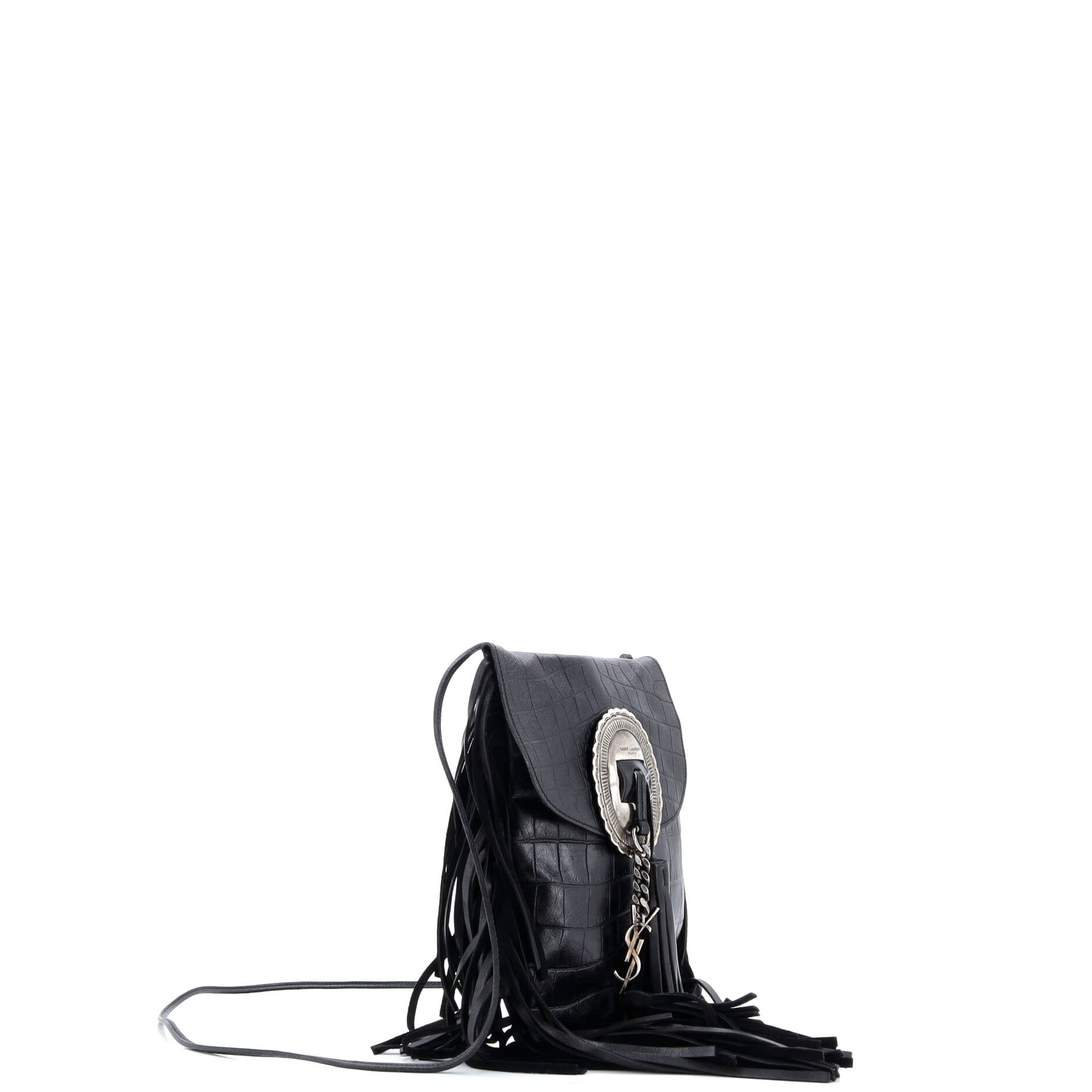 Saint Laurent Anita Flat Fringe Crossbody Bag Crocodile Embossed Leather