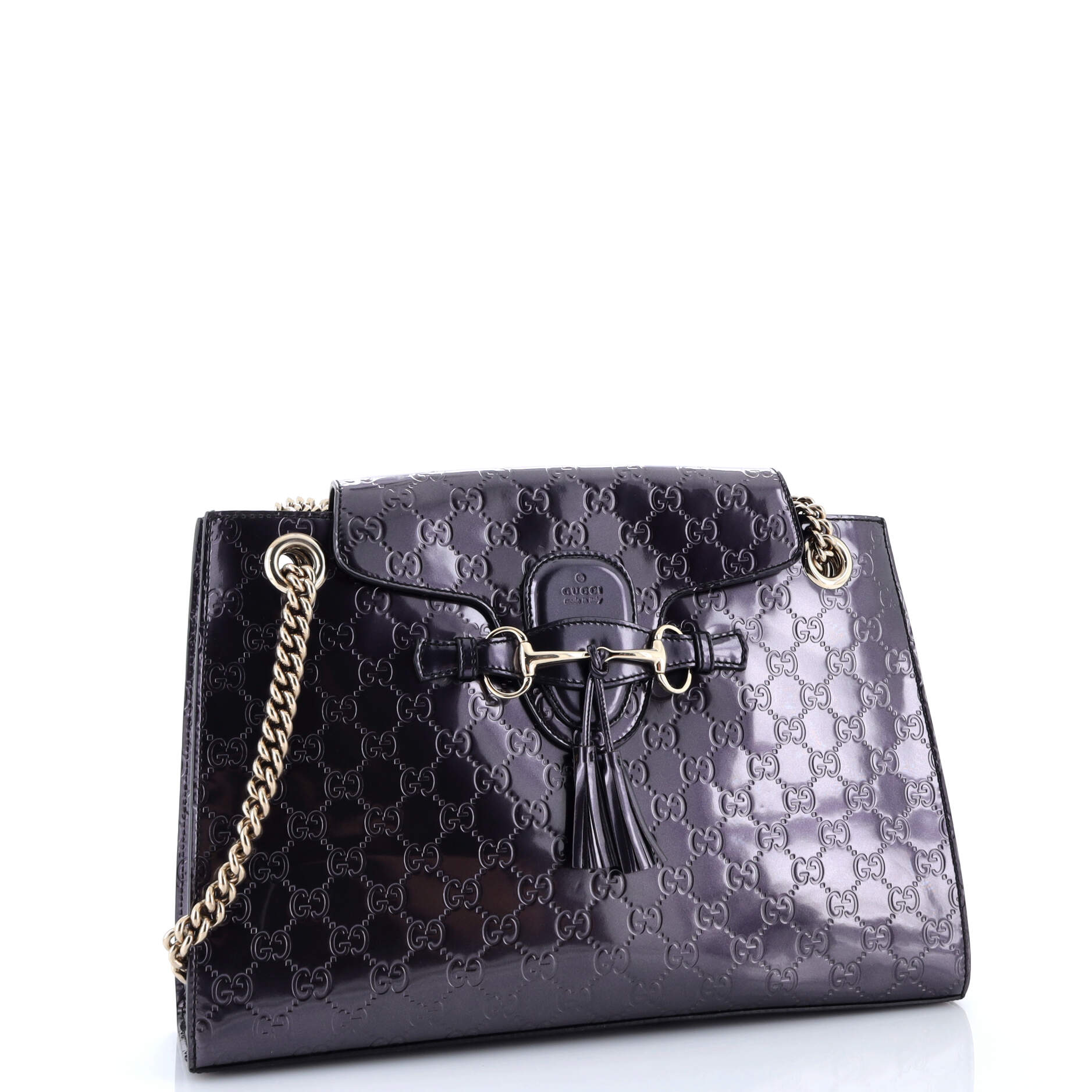 Gucci Emily Chain Flap Shoulder Bag Guccissima Patent Large