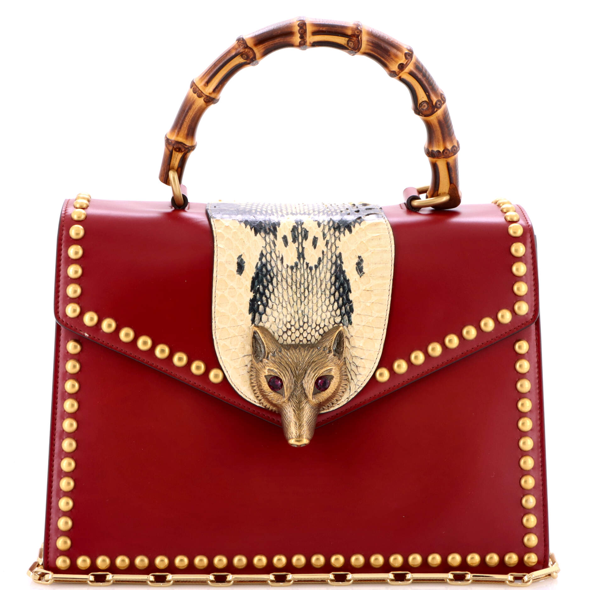 Gucci Broche Bamboo Top Handle Bag Leather with Snakeskin Medium