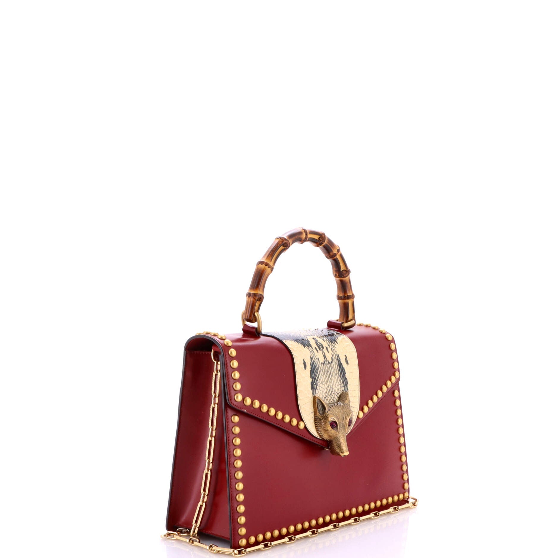 Gucci Broche Bamboo Top Handle Bag Leather with Snakeskin Medium