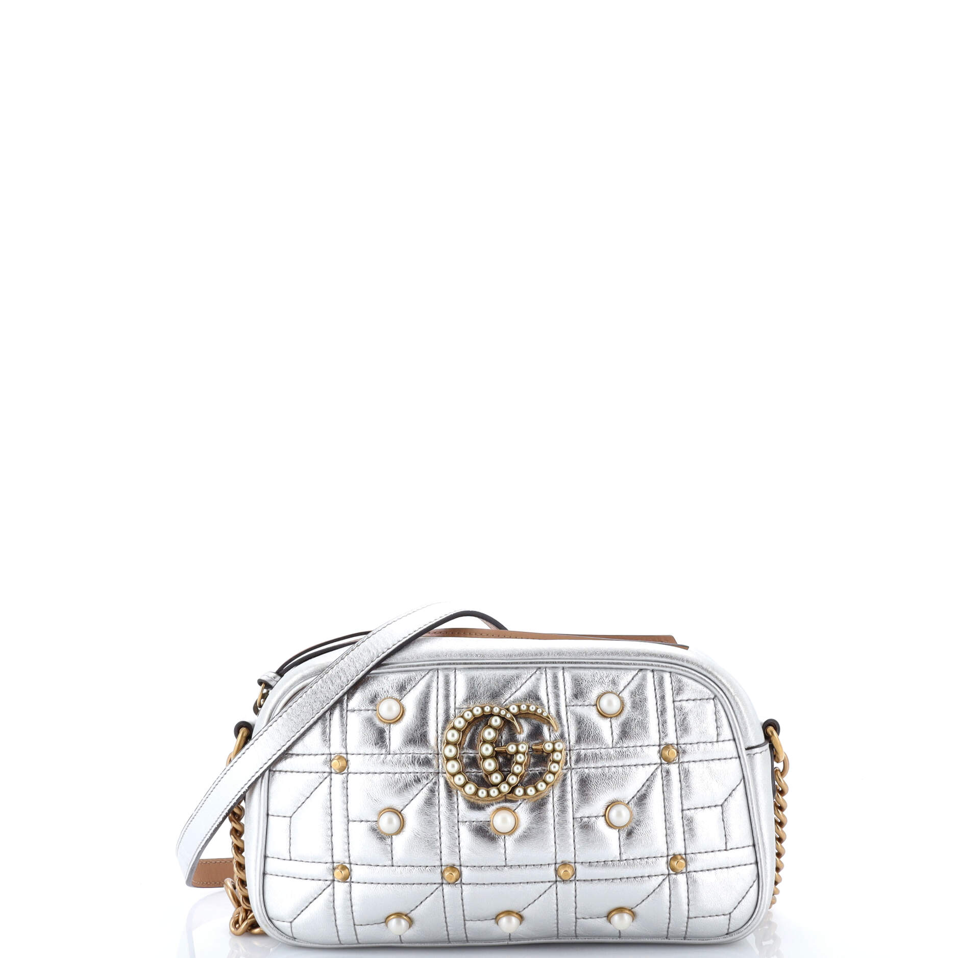Gucci Pearly GG Marmont Shoulder Bag Embellished Matelasse Leather Small
