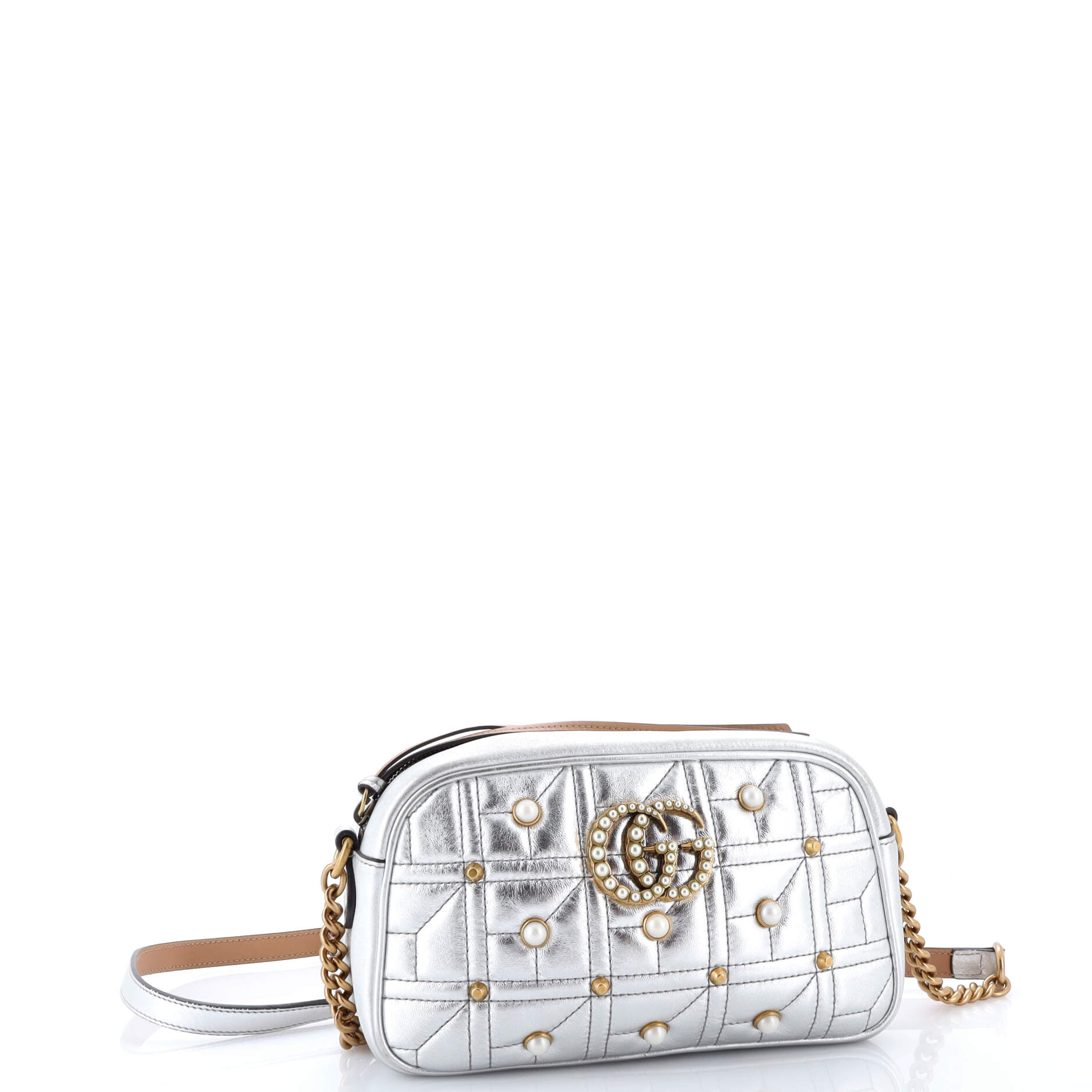 Gucci Pearly GG Marmont Shoulder Bag Embellished Matelasse Leather Small