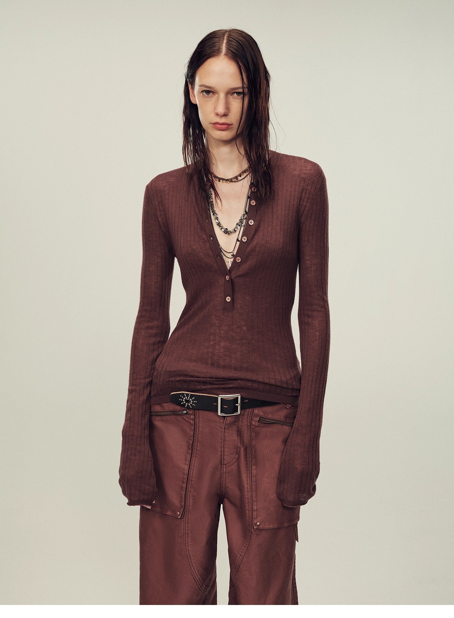 Ultrafine water-soluble wool blended versatile V-neck cardigan long-sleeved knitted top "Warm Brown Quiet Autumn"-5