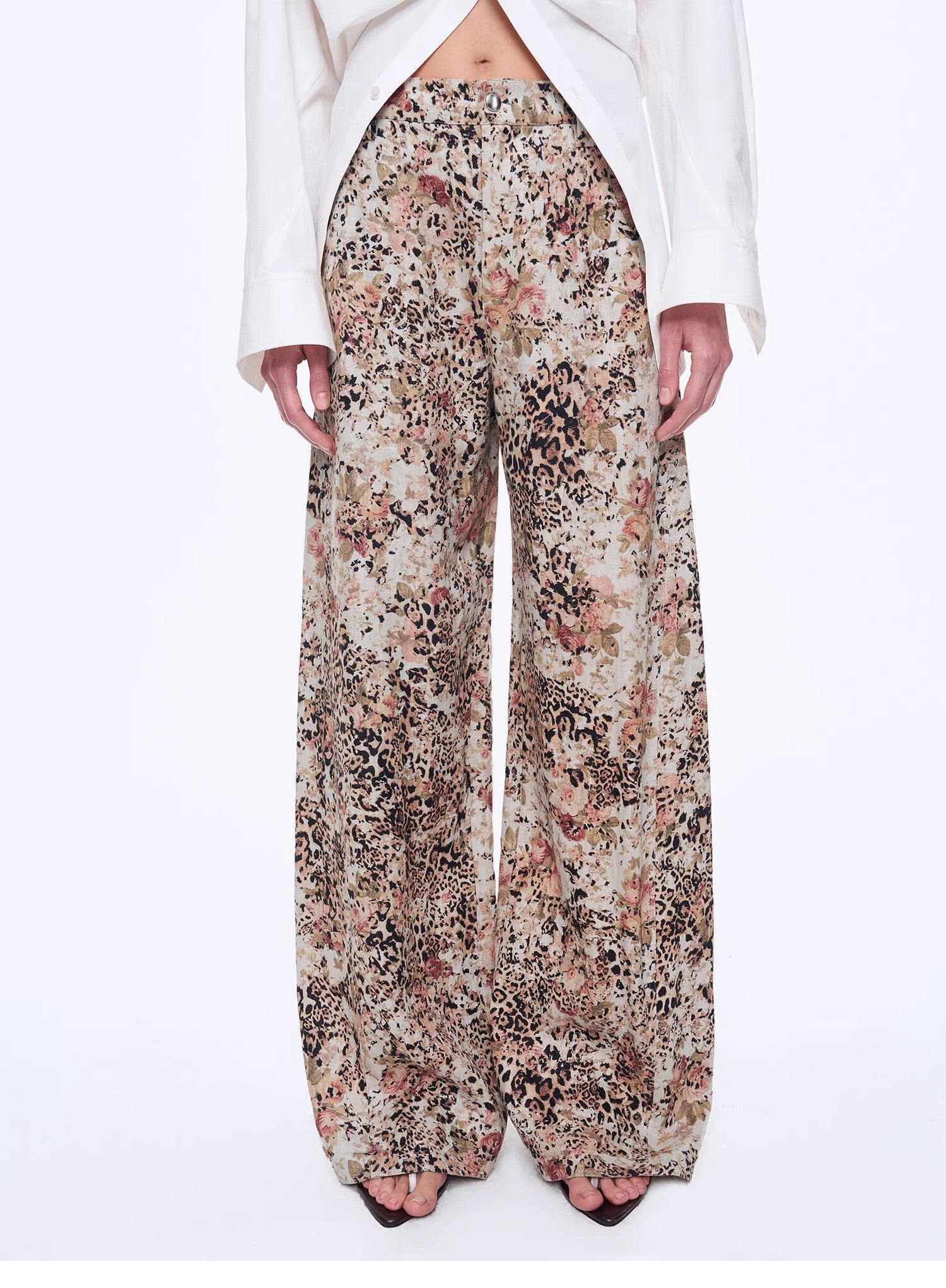 Vintage Print Linen Blend Cut Scimitar Wide Leg Casual Pants"Slow Paris"-4