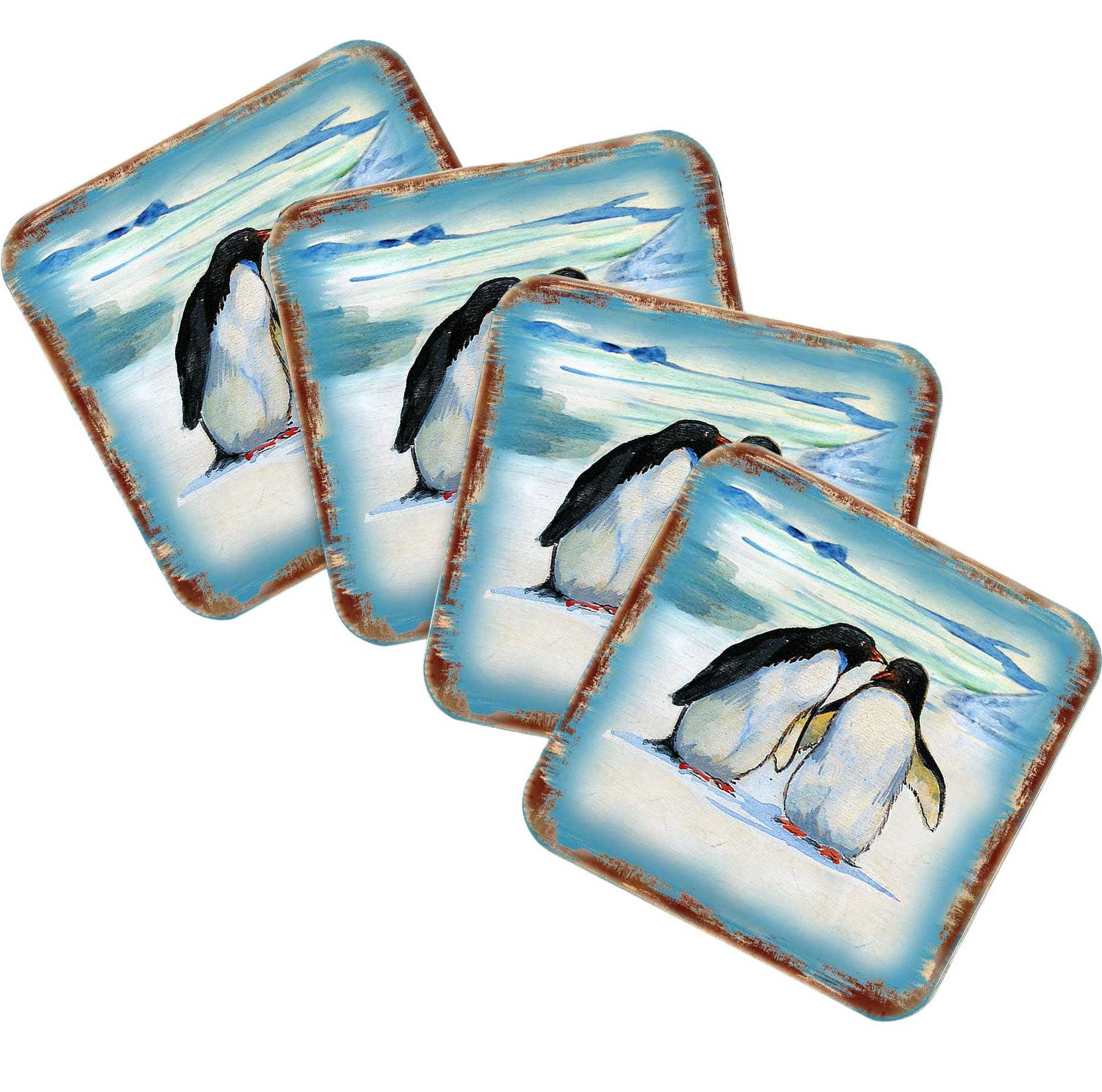 Penguins Coastal Wooden Cork Coasters Gift Set of 4 by Nature Wonders - Coastal Sea-Life Decor - 8198542C-S4