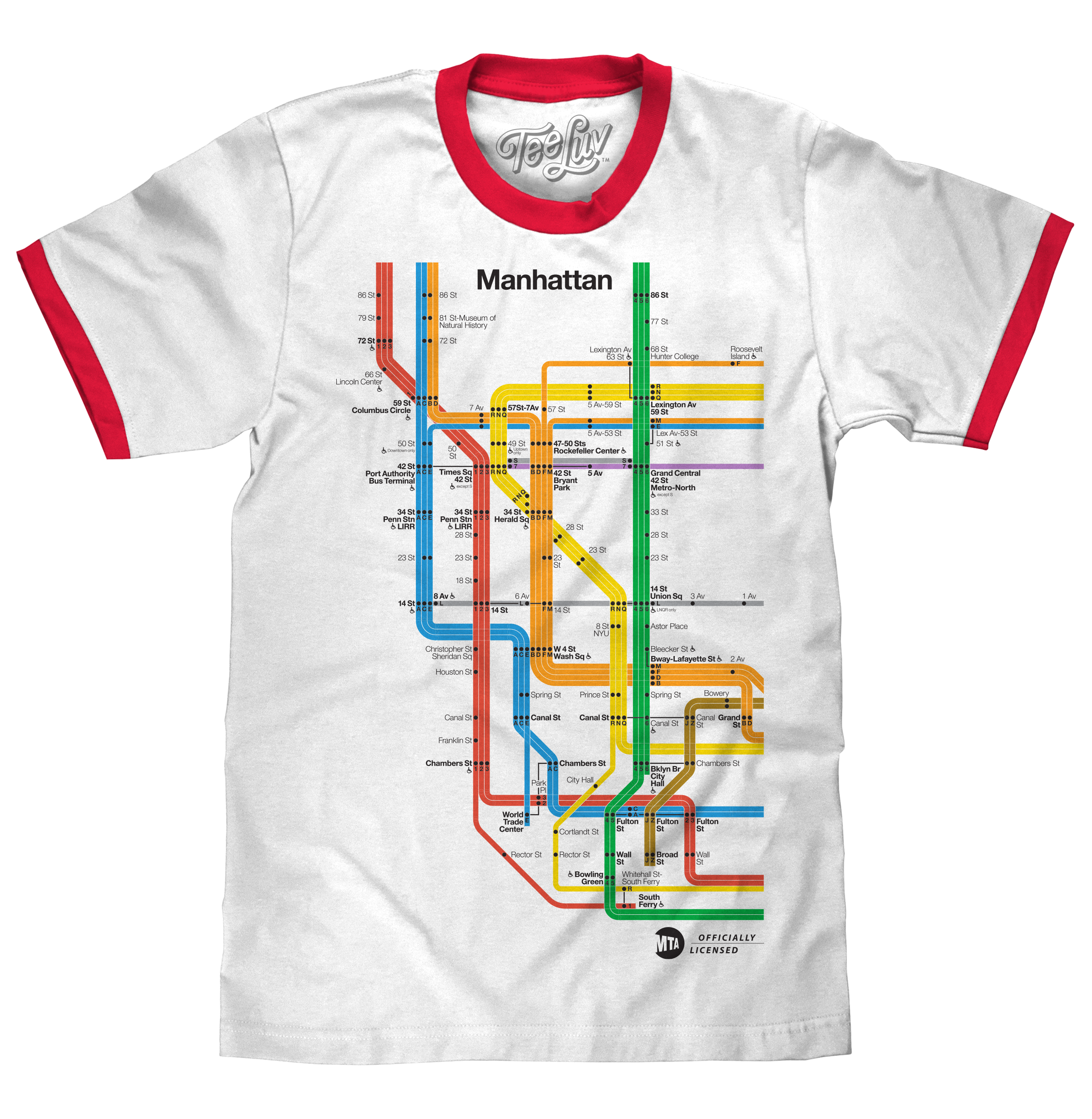 Manhattan Metro Map Ringer T-Shirt - White and Red