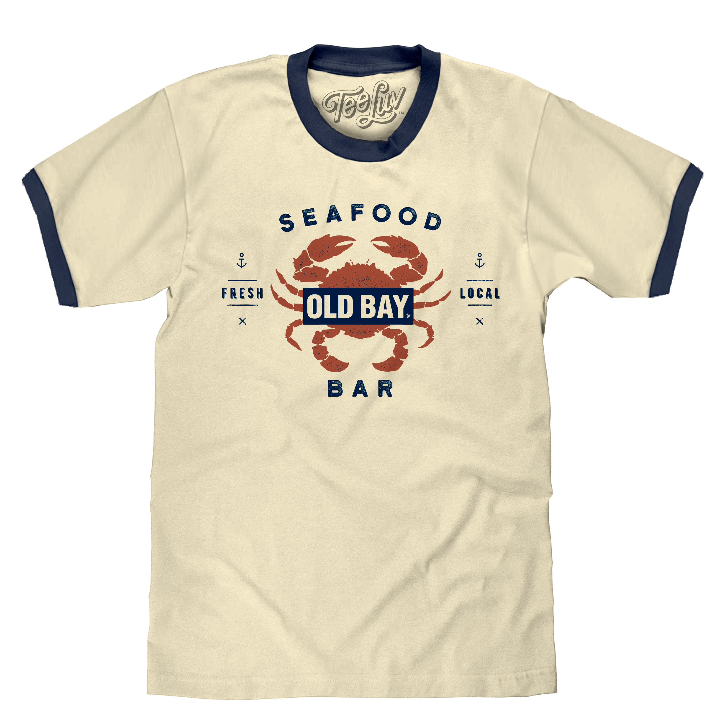 Old  Bay Seafood Bar Lobster Logo Ringer T-Shirt - Beige and Navy