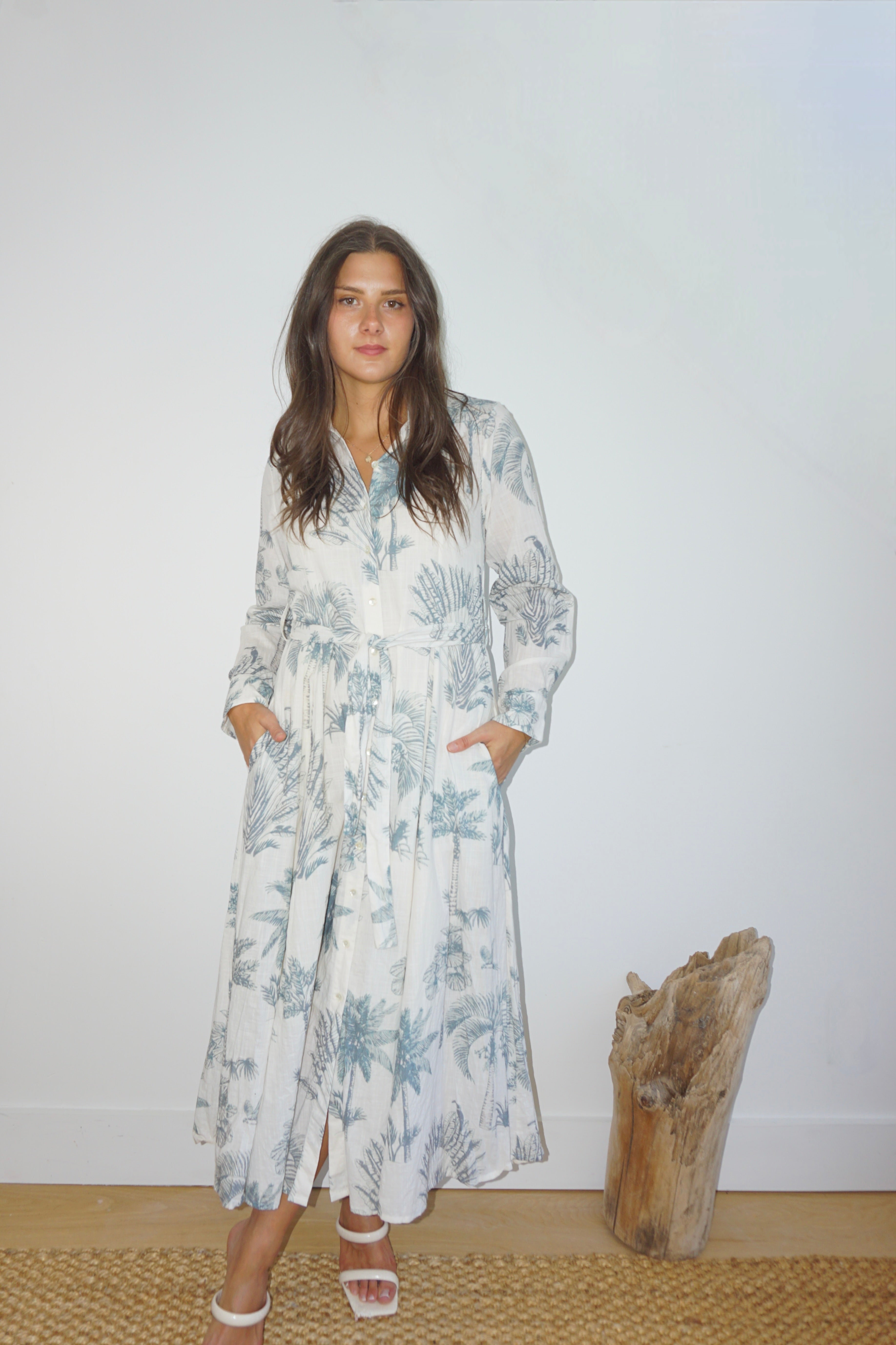 Sierra Dress in Faded Teal Palms