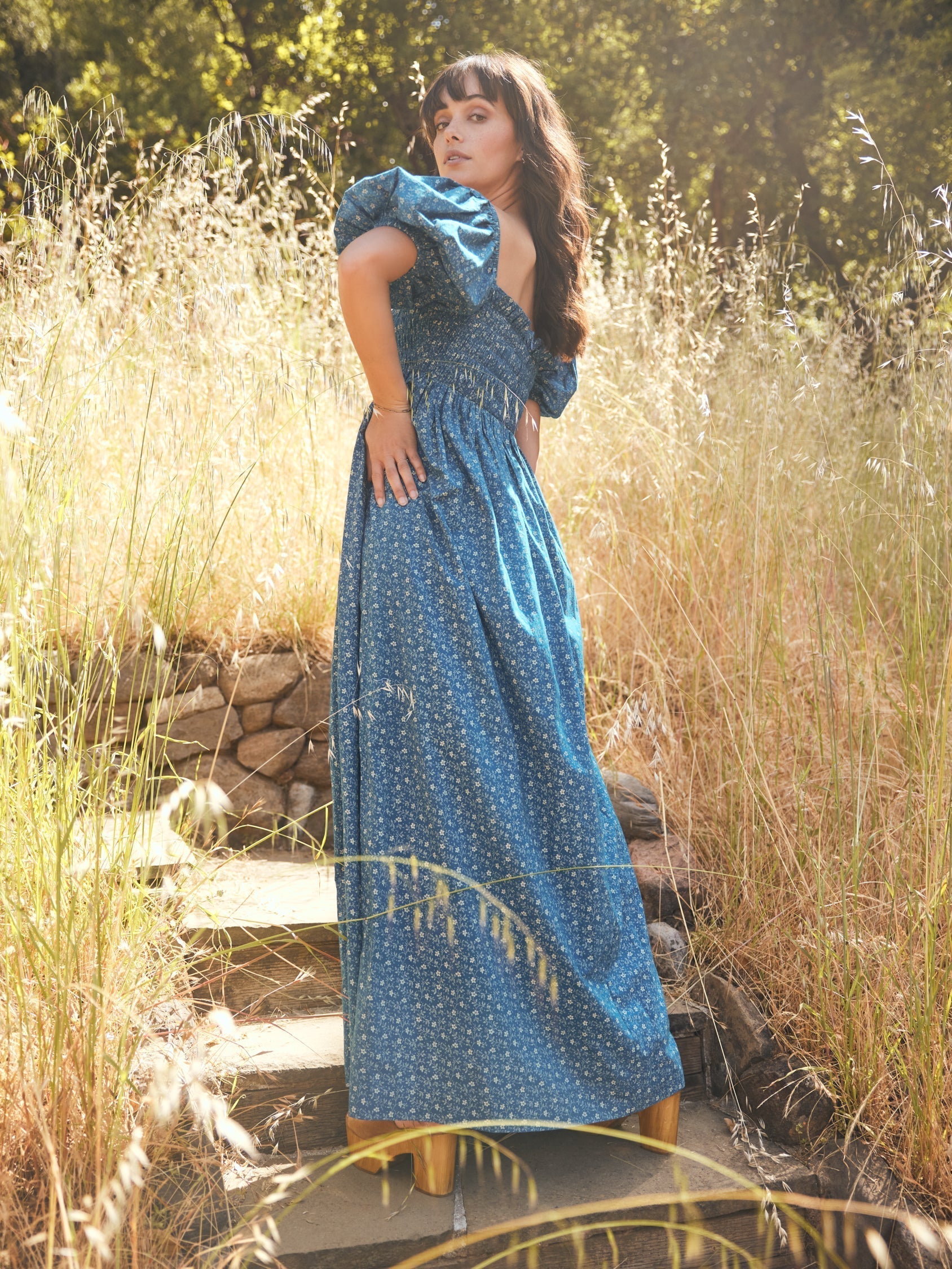 Aurora Puff Sleeve Maxi Dress - Queen Blue/Mini Alabaster Floral print