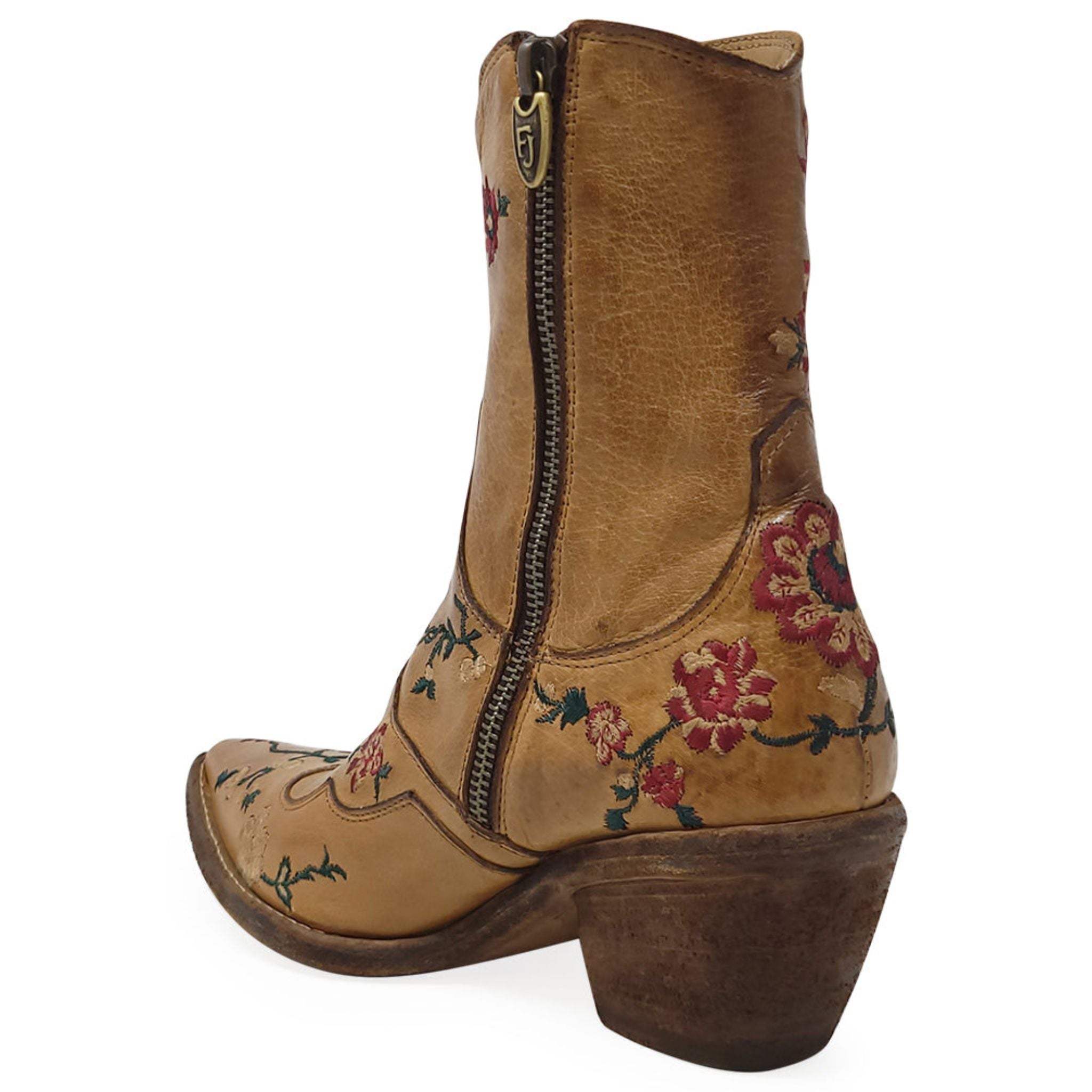 Tan Leather Embroidered Ankle Boot