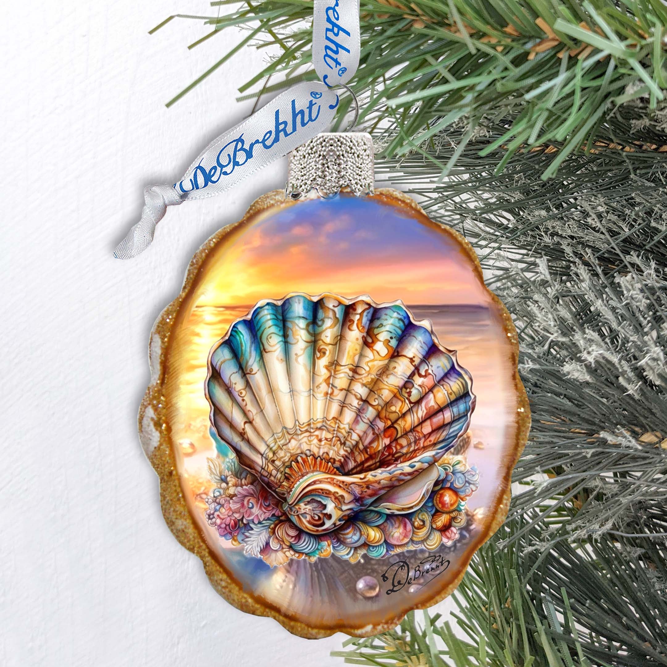 Glass Christmas Tree Decorations - Ocean Shell Keepsake Glass Ornaments by G. Debrekht - Coastal Holiday Decor - 777397