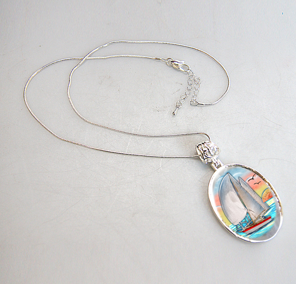 Sailboat Silver Plated Mother of Pearl Jewelry Pendant Necklace Coastal - 44043