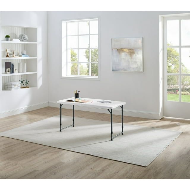 4 Foot Adjustable Height Folding Plastic Table, Indoor Outdoor White Granite