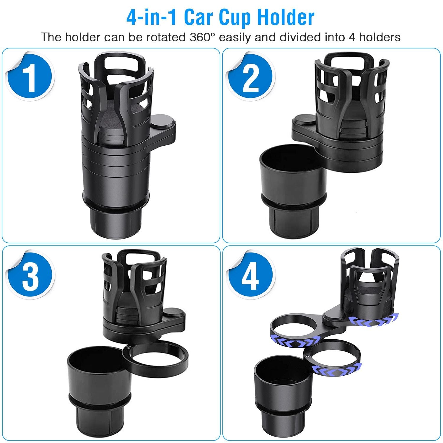 4 In 1 Car Cup Holder Expander Adapter Multifunctional Water Cup Mount Stand 360° Rotating Drink Bottle Organizer with Adjustable Base