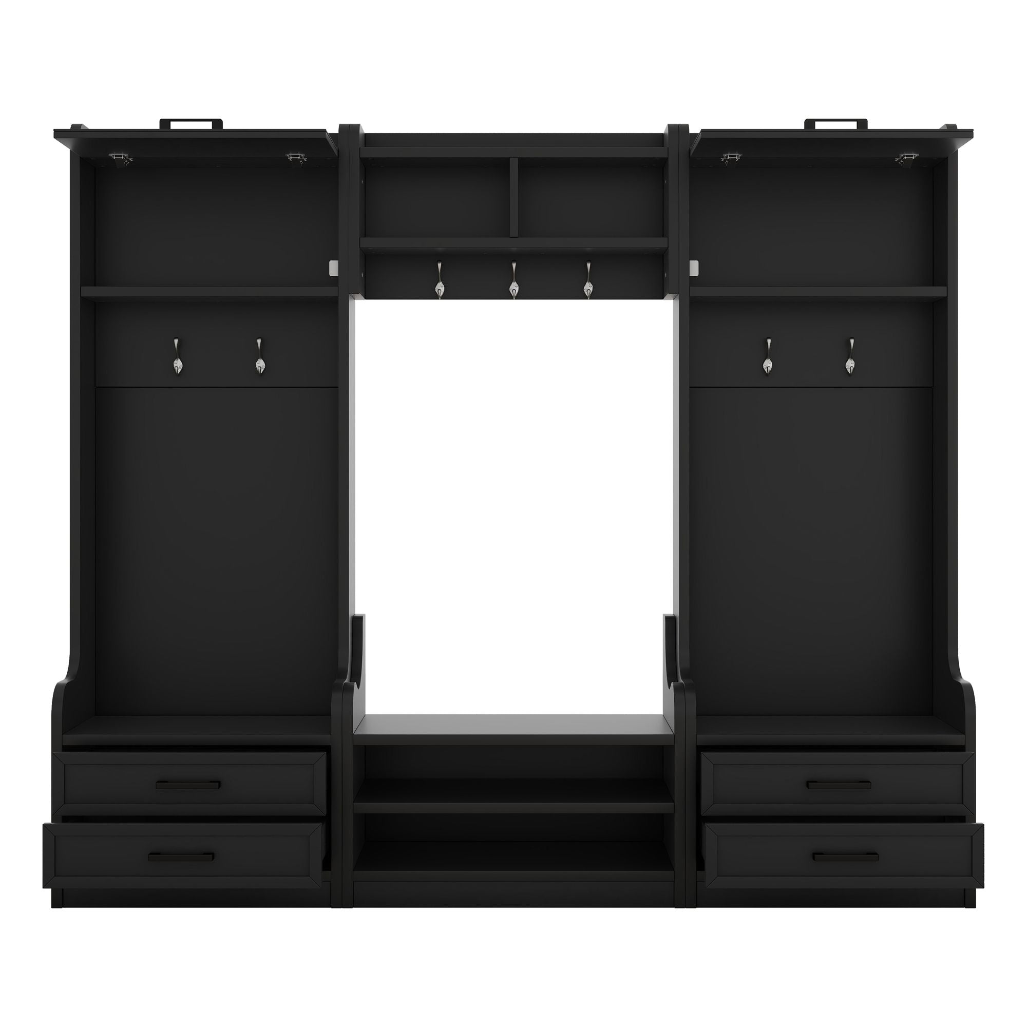 4-in-1 Detachable Hall Tree with Storage and 7 Hooks, Multiple Functions Hallway Coat Rack with Storage Drawers and Cabinet, Black Shoe Bench for Entryway Hallway