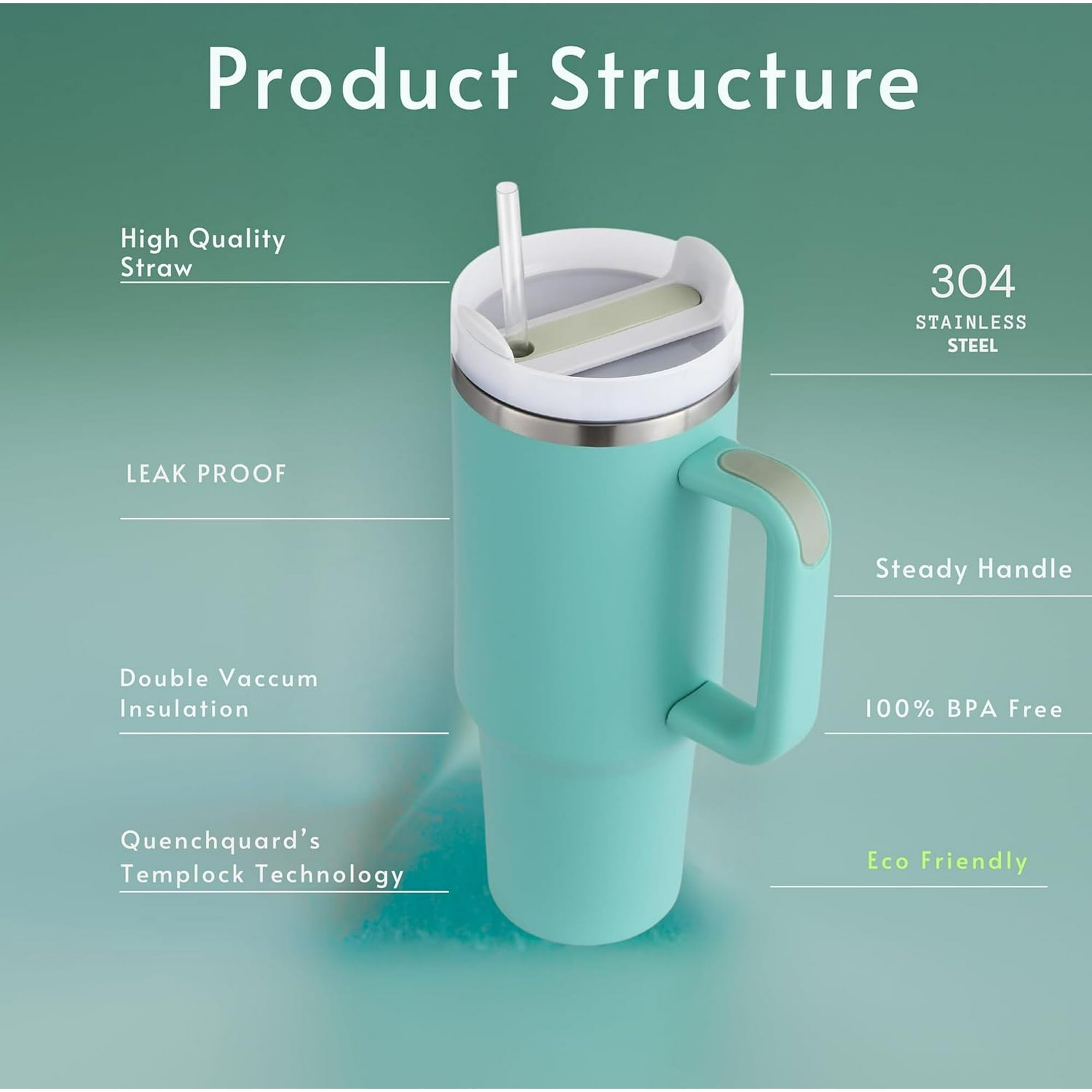 40 oz Water Tumbler Cup Stainless Steel Insulated Bottle Handle & Straw Travel