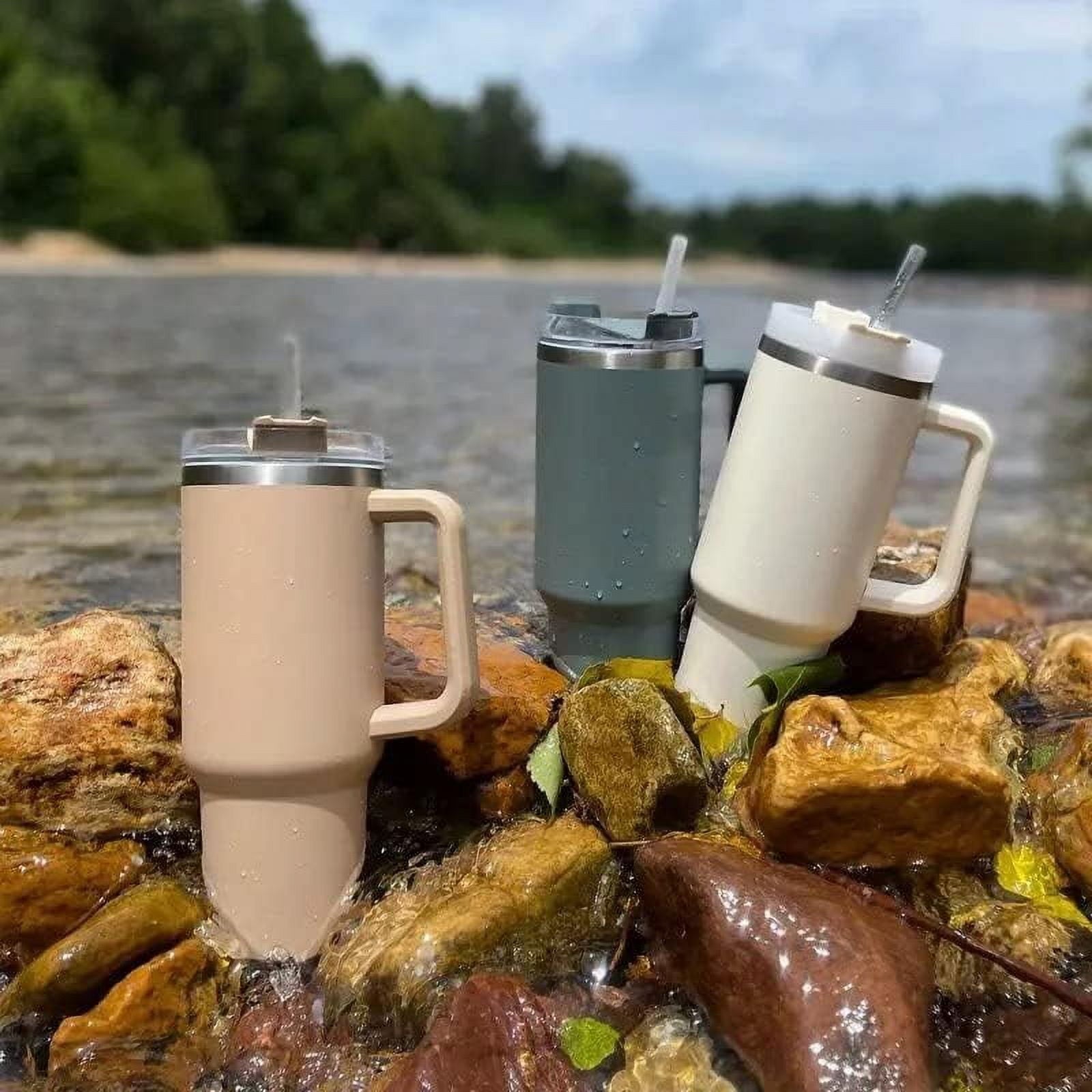 40 oz Water Tumbler Cup Stainless Steel Insulated Bottle Handle & Straw Travel