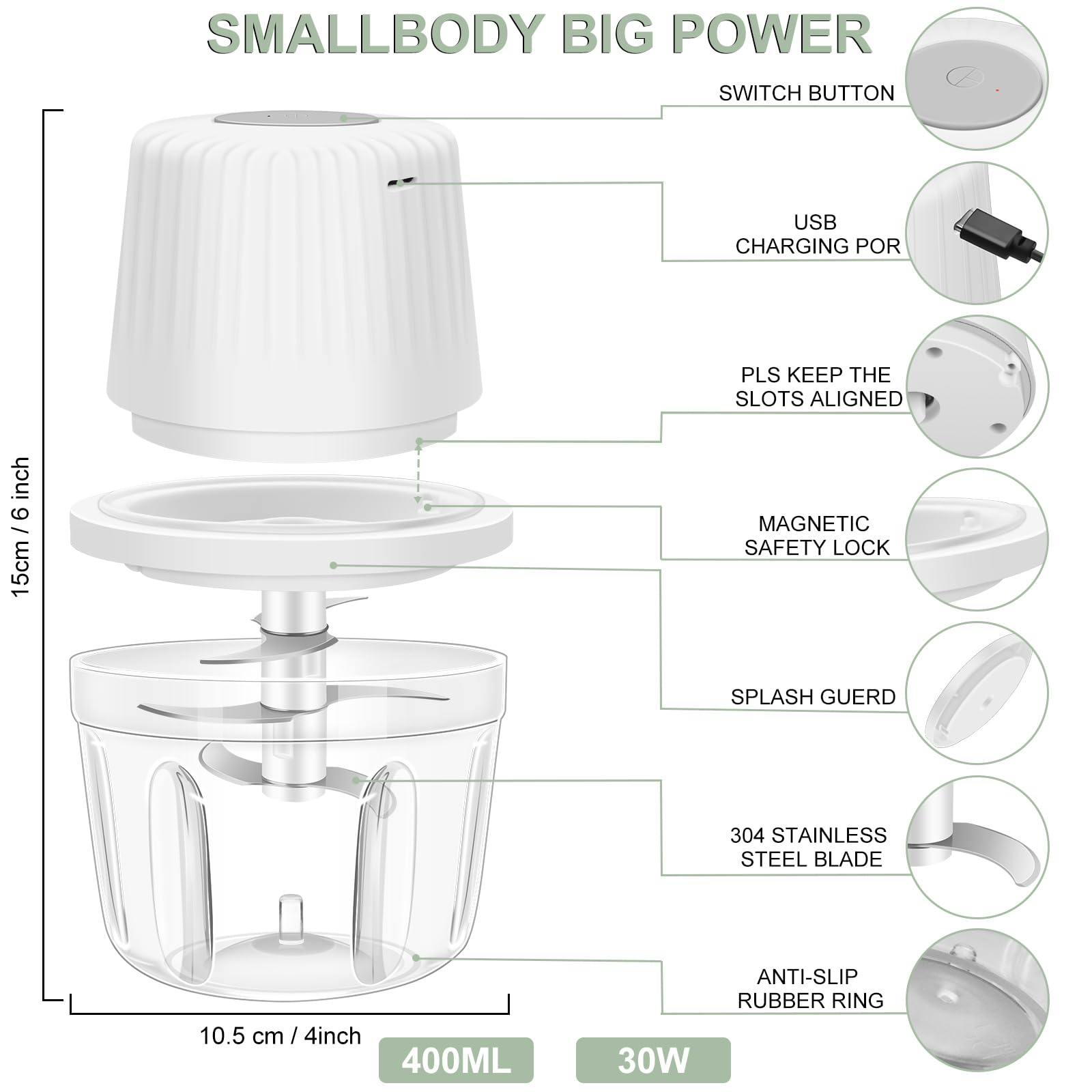 400ML Electric Garlic Chopper, 6 Blades Garlic Grinder Mini Vegetable Chopper, USB Portable Veggie Chopper, Garlic Mincer, Onion Chopper, Food Processor for Ginger, Chili, Fruit, Meat