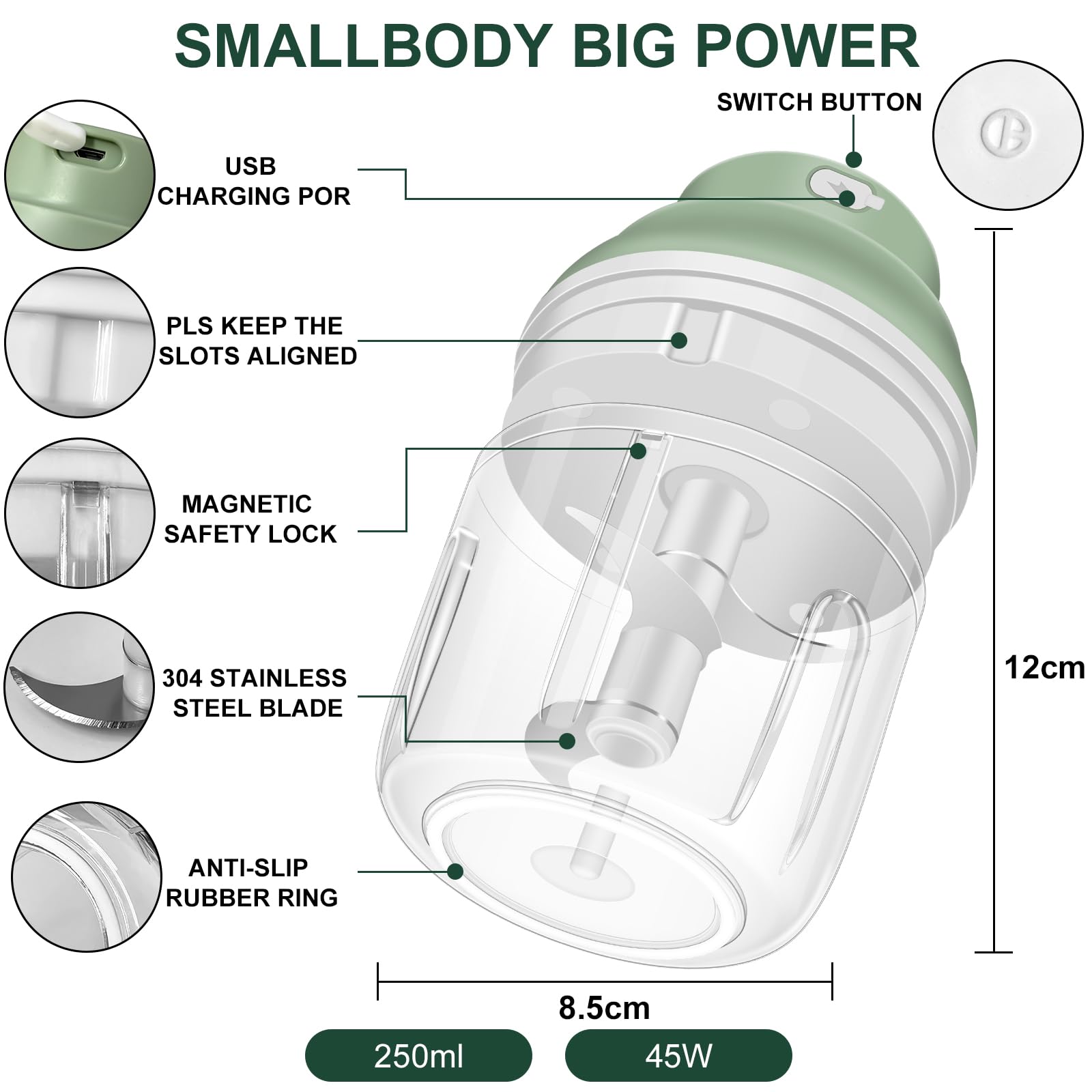 400ML Electric Garlic Chopper, 6 Blades Garlic Grinder Mini Vegetable Chopper, USB Portable Veggie Chopper, Garlic Mincer, Onion Chopper, Food Processor for Ginger, Chili, Fruit, Meat