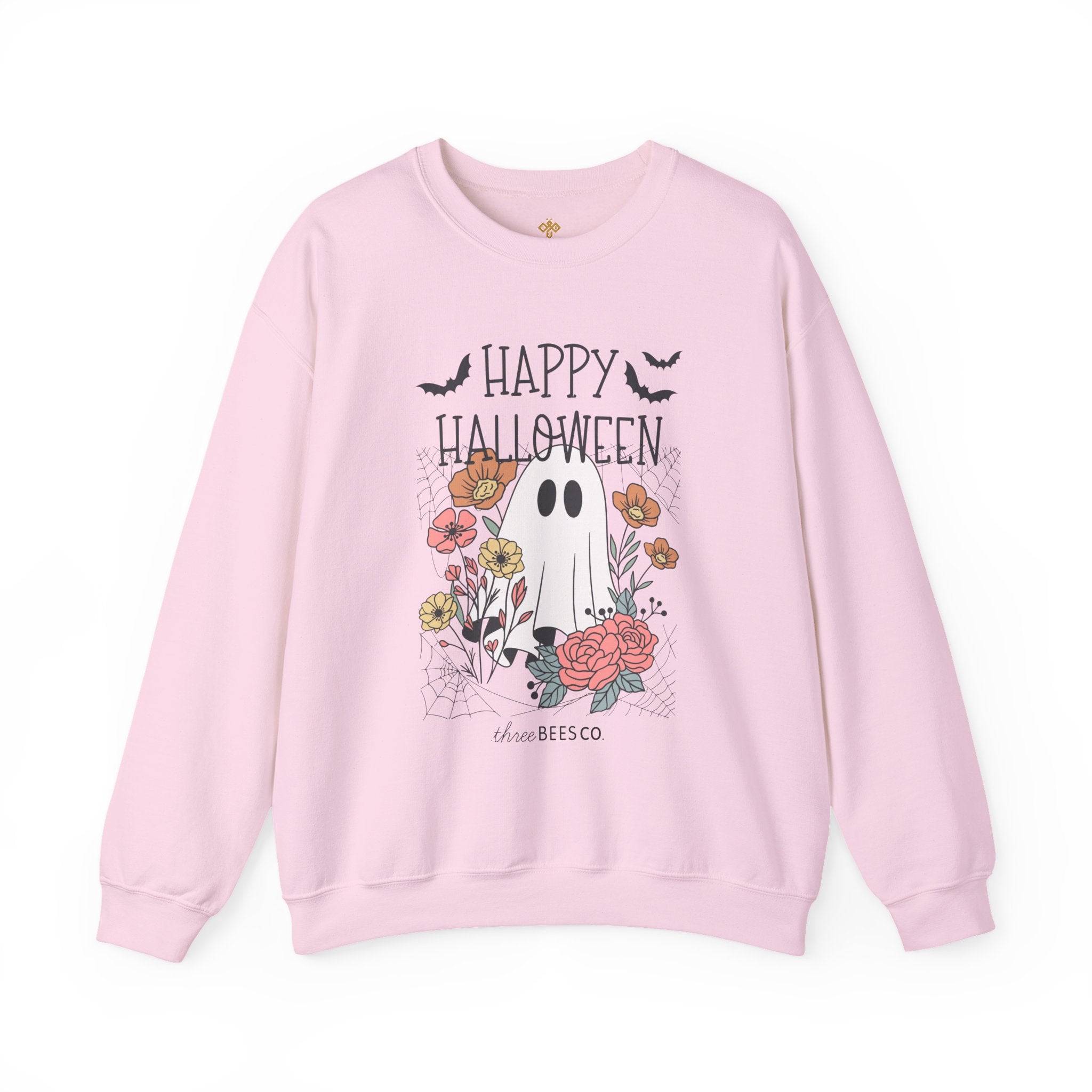 Happy Halloween Ghost Floral Sweatshirt | Cozy Gildan Unisex Crewneck, Three Bees Co. Fall Fashion, Halloween Apparel, Spooky Season Essentials