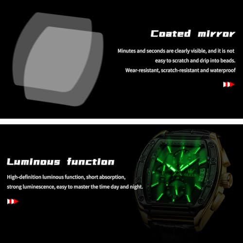 OLEVS Watches Men Chronograph Waterproof Rectangle Face Moon Phase Stainless Steel Strap Dress Watches for Men Luminous Quartz Calendar Mens Wrist Watch