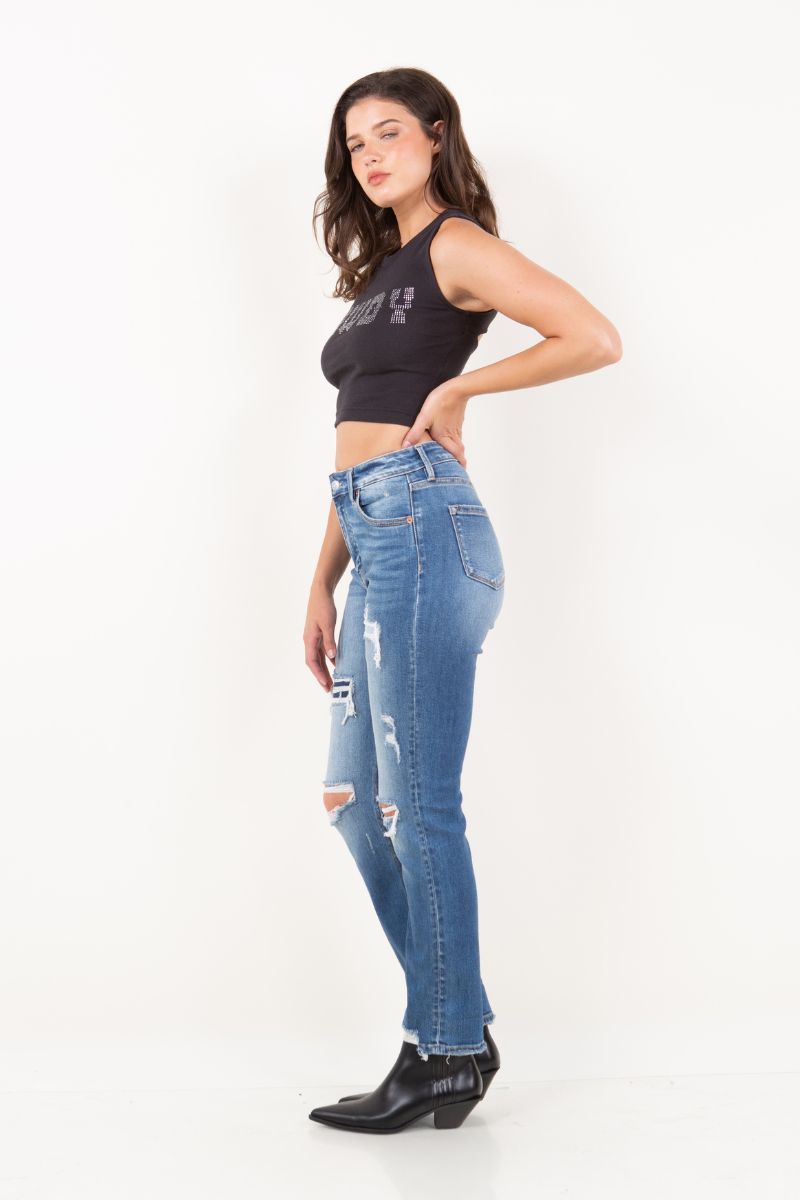 Mesh Tummy Control High Rise Straight W/ Single Cuff Jeans