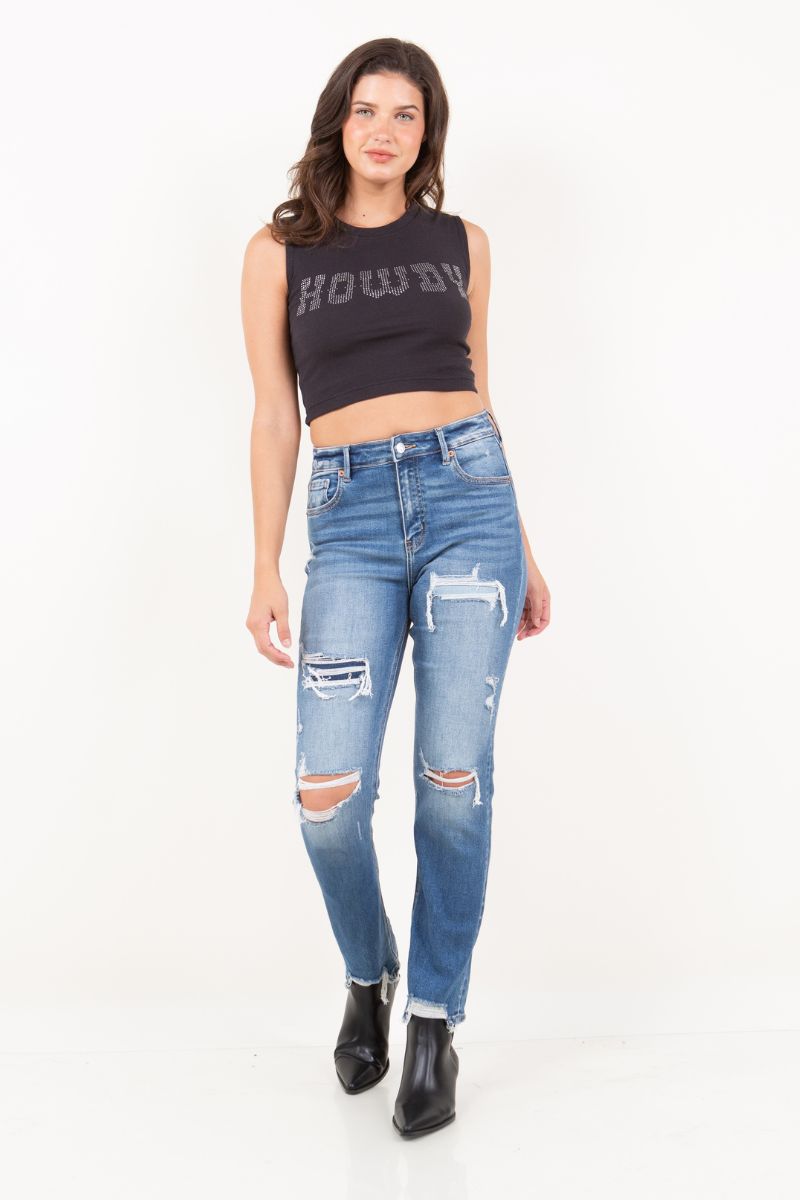 Mesh Tummy Control High Rise Straight W/ Single Cuff Jeans