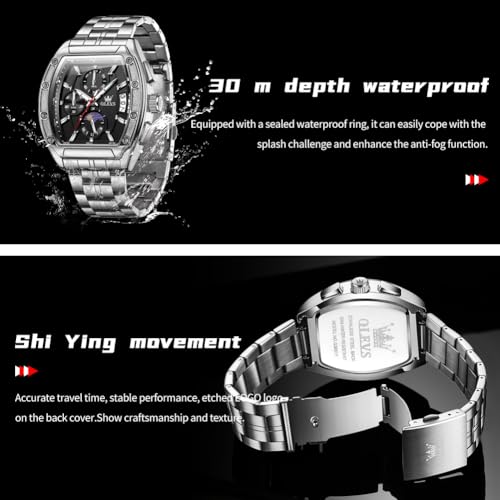OLEVS Watches Men Chronograph Waterproof Rectangle Face Moon Phase Stainless Steel Strap Dress Watches for Men Luminous Quartz Calendar Mens Wrist Watch