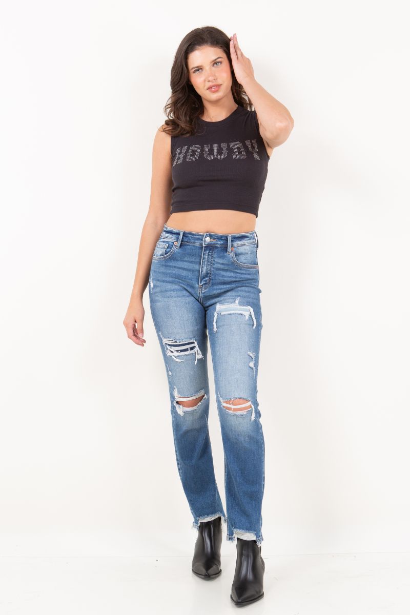 Mesh Tummy Control High Rise Straight W/ Single Cuff Jeans
