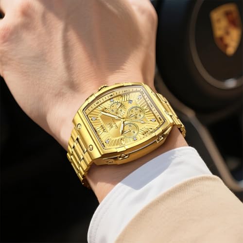 OLEVS Watches Men Chronograph Waterproof Rectangle Face Moon Phase Stainless Steel Strap Dress Watches for Men Luminous Quartz Calendar Mens Wrist Watch