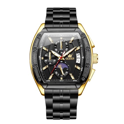 OLEVS Watches Men Chronograph Waterproof Rectangle Face Moon Phase Stainless Steel Strap Dress Watches for Men Luminous Quartz Calendar Mens Wrist Watch