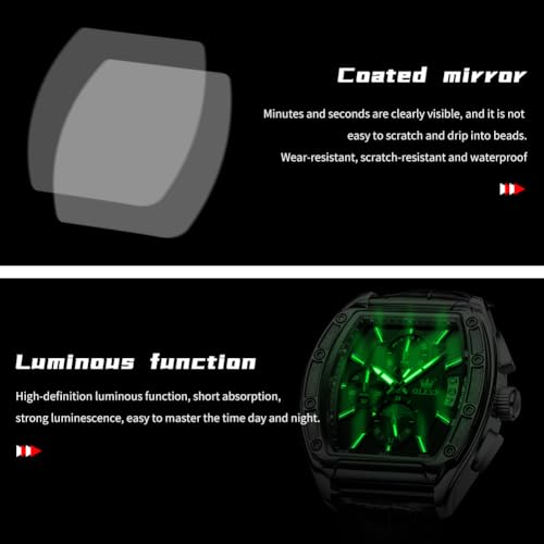 OLEVS Watches Men Chronograph Waterproof Rectangle Face Moon Phase Stainless Steel Strap Dress Watches for Men Luminous Quartz Calendar Mens Wrist Watch