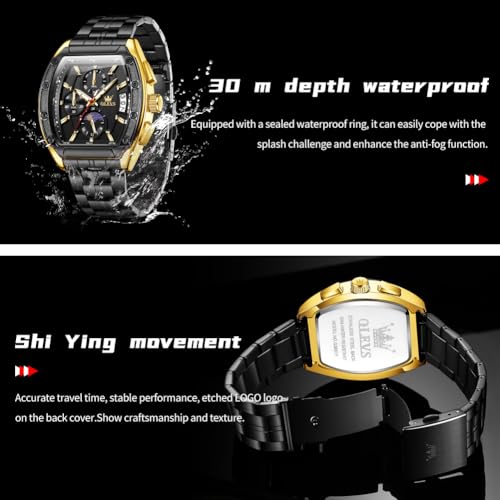 OLEVS Watches Men Chronograph Waterproof Rectangle Face Moon Phase Stainless Steel Strap Dress Watches for Men Luminous Quartz Calendar Mens Wrist Watch