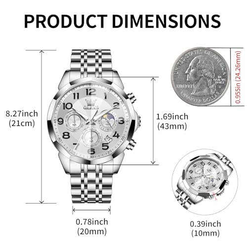 OLEVS Watches Men Luxury Chronograph Moon Phase Waterproof Luminous Watches for Men Analog Quartz Calendar Stainless Steel Strap Wrist Watches-(Black/Blue/Gold/Grey/Silver Face)