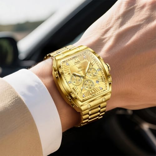 OLEVS Watches Men Chronograph Waterproof Rectangle Face Moon Phase Stainless Steel Strap Dress Watches for Men Luminous Quartz Calendar Mens Wrist Watch