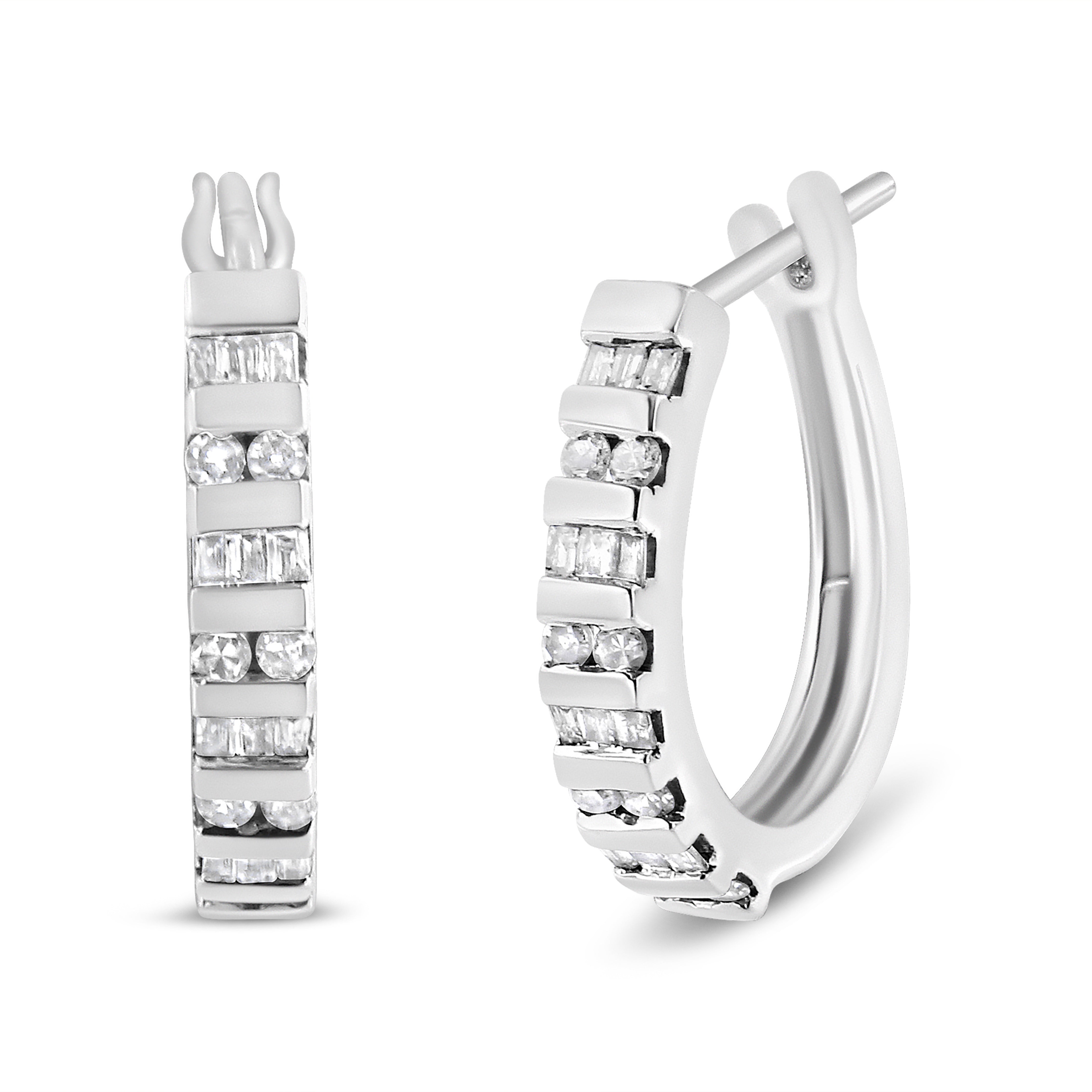 10K White Gold 1.0 Cttw Round And Baguette-Cut Diamond Hoop Earrings (I-J Color, I2-I3 Clarity)