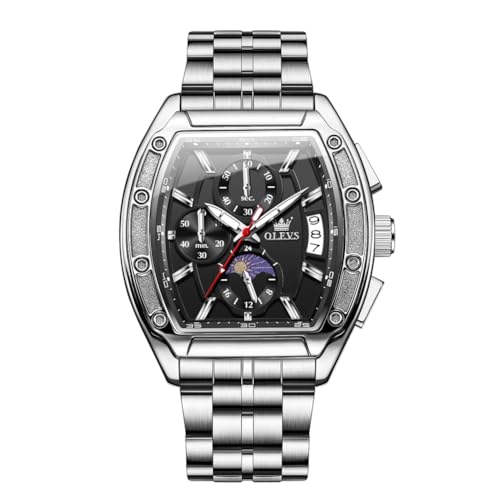 OLEVS Watches Men Chronograph Waterproof Rectangle Face Moon Phase Stainless Steel Strap Dress Watches for Men Luminous Quartz Calendar Mens Wrist Watch