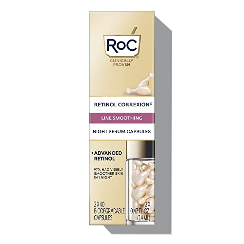 RoC Retinol Correxion Anti-Aging Wrinkle Night Serum, Retinol Serum for Face, Daily Treatment for Fine Lines, Post Acne Scars, 30 Capsules, Unscented, 0.35 Fl Oz